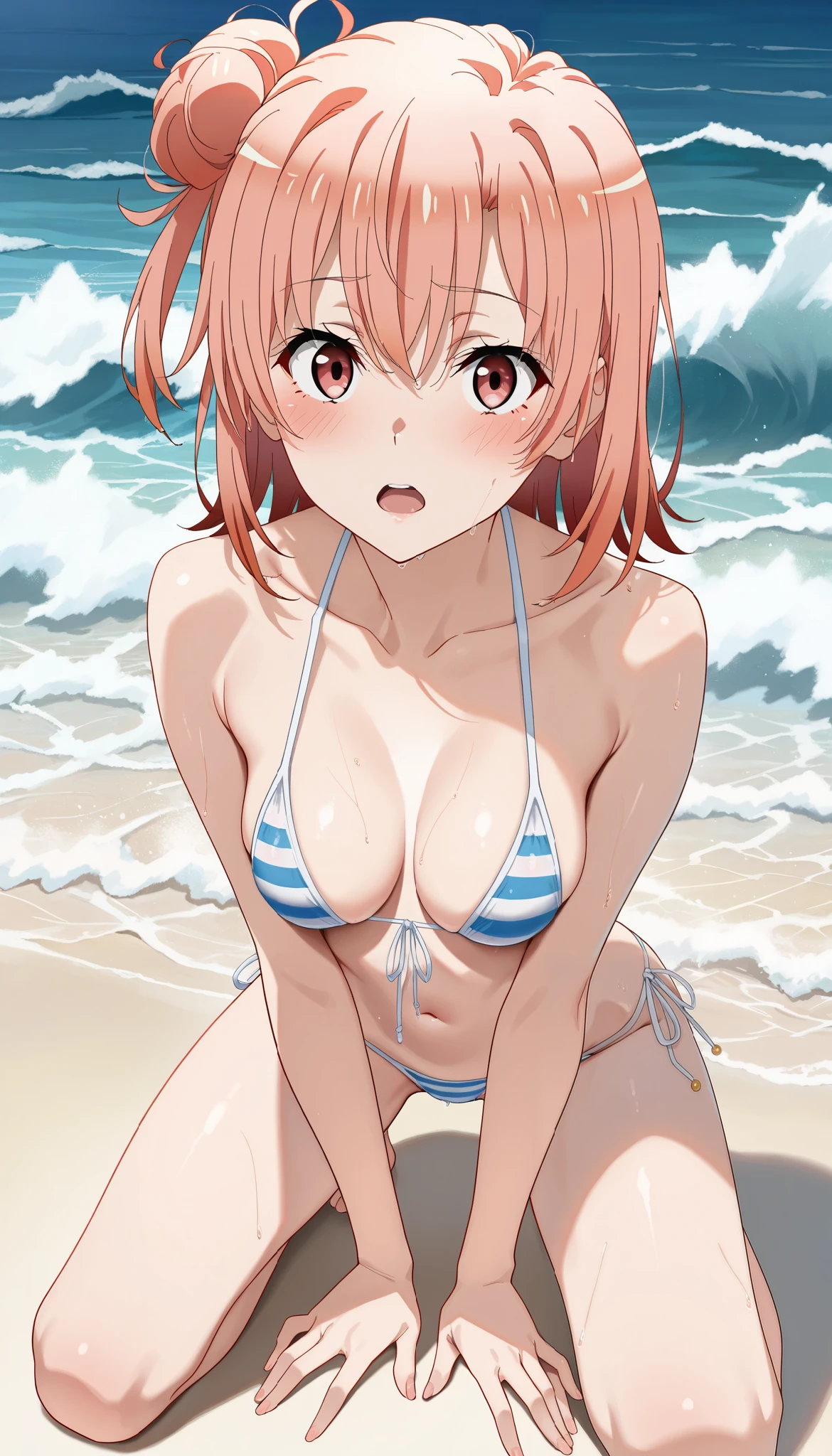 (((anime style,Arima maybe,1 person,cute swimwear,bikini,seaside,sandy beach,front,Right in front,blush,looks embarrassed,unaided eye))),((frontでM字開脚,cheek curve,open thighs,Wet,dripping,squat,shot from close up,shot from below)),look at the camera