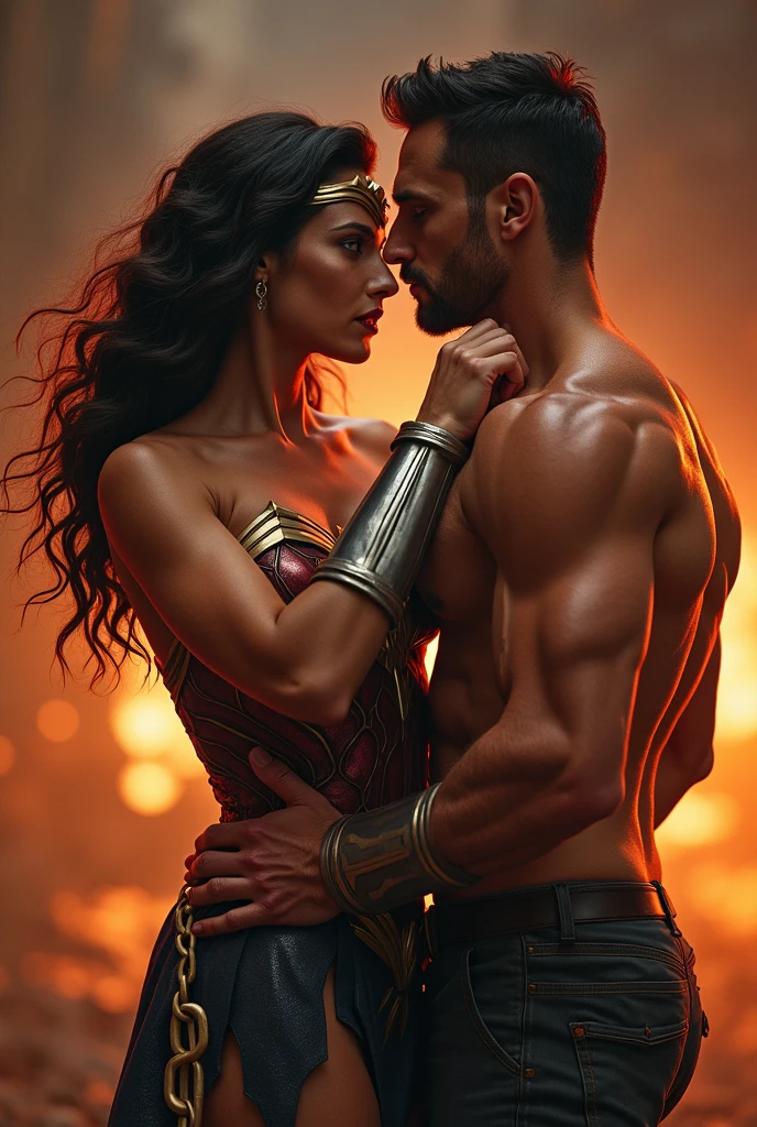 realistic full-body photo portrait, movie still style, shallow depth of view, side view.

A beautiful handsome sexy medieval knight, bare chest, shirtless bare chest, in armored trousers, holding a beautiful woman in a tight thigh revealing dress

in a medieval castle
