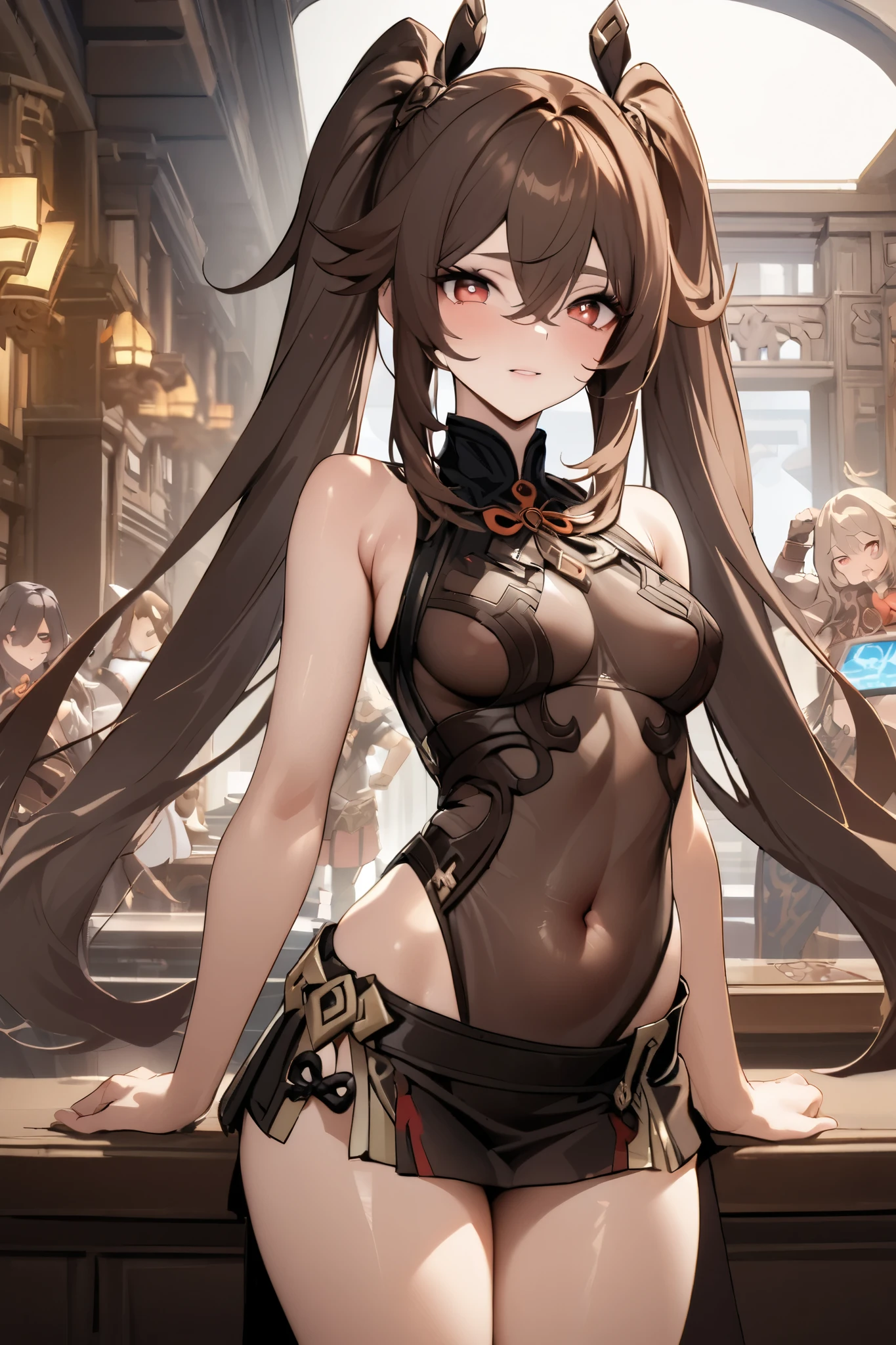 NSFW,masterpiece, top quality , high res, very detailed,Futao\(Genshin Impact\)、 long hair、bangs、Brown Hair、Red Eye、 hair between eyes、 twin tails、side lock、 symbol shaped pupil , leotards, high leg, sleeveless, micro mini skirt, see-through, fantasy, Adventurers Guild, reception counter