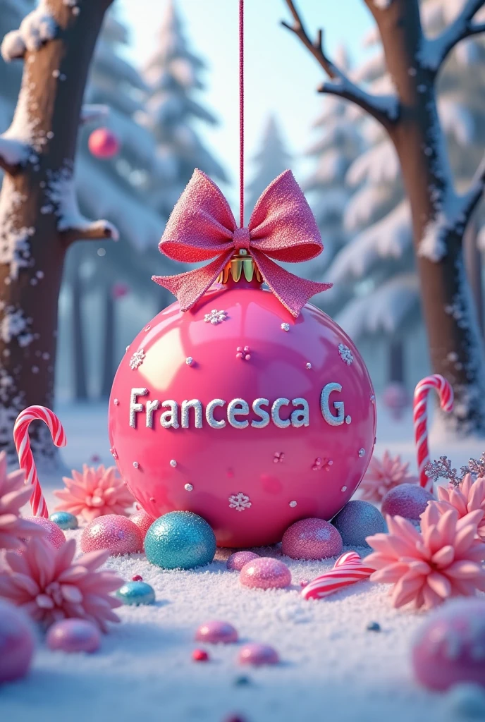 WHITE, DECORATED, PURPLE 3 CHRISTMAS SPHERES EACH WITH A NAME TEXT "Maikel" "Susety" "Emanuel" SCENE IN A VERY REALISTIC