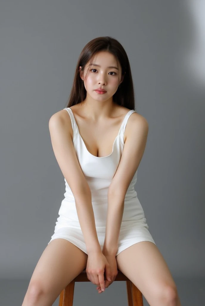 beautiful asian girl , wearing white sleeveless dress, short dress, gray background, overexposed, studio lighting, high quality, film grain, light reflections, blood vessels, pale skin, skin pores, blood vessels in sclera, detailed skin, beauty spots, skin fuzz, full body, sitting on wooden stool, looking at viewer, spread legs wide open