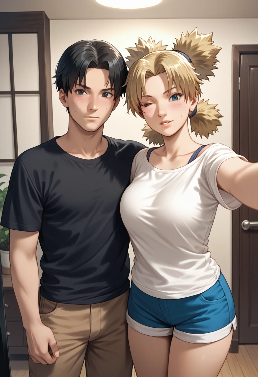 temari, 1girl, masterpiece, best quality, amazing quality, very aesthetic, absurdres, 1girl, 1boy, breasts, black hair, blush, shirt, large breasts, shorts, cheek-to-cheek, ponytail, one eye closed, white shirt, looking at viewer, heads together, black eyes, short sleeves, long hair, parted lips, pants, collarbone, selfie, blue shorts, lips, standing, hetero, puckered lips, sweatdrop, indoors, short hair, brown pants, short shorts, bigger male, ize difference, tall male