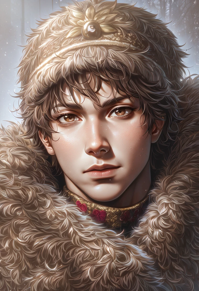 absurdres, highres, ultra detailed, HDR, master piece, best quality, extremely detailed face, delicated features, Ushanka hat dusty rose hair, messy hair, short hair, no fringe, without bangs, expressive light brown eyes, Small eyes, Korean, The World After The Fall, solo, sexy boy, handsome, sensual, adult face, smirking, russian fur coat fashion, cold, aristoristic, winter