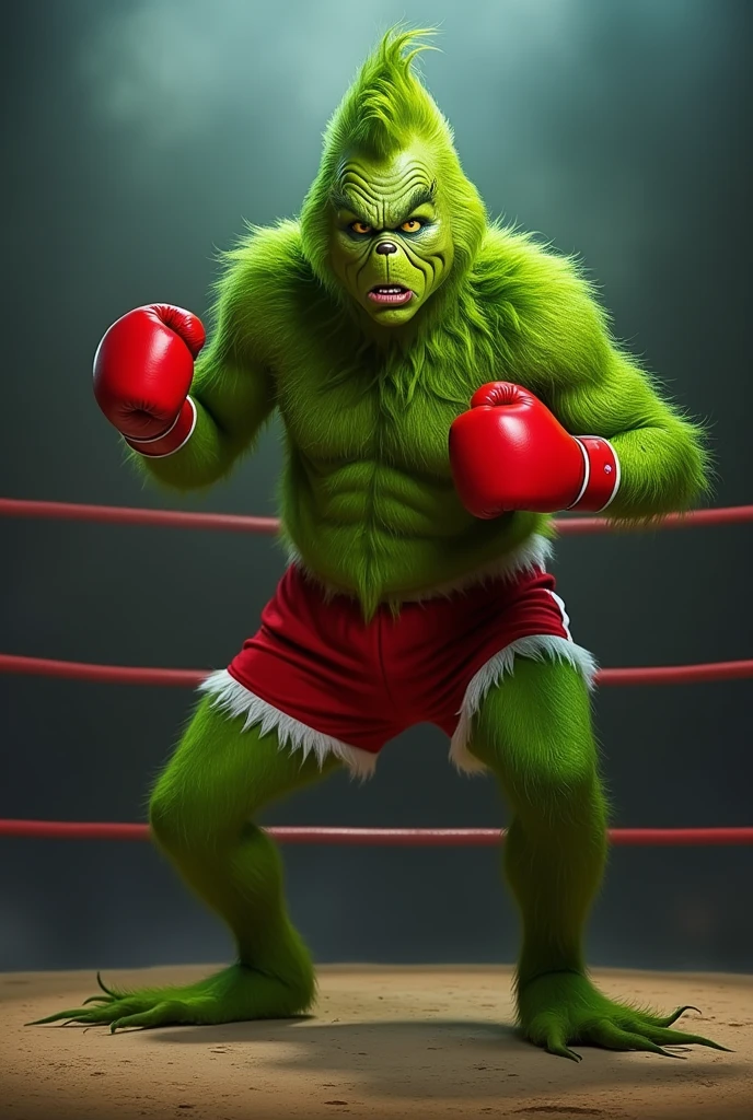 grinch, a serious dead stare at viewer, full frontal view, full frontal body green furry man wears a red boxing gloves, red boxing shorts and red boxing shoes. He stands in a boxing ring, ready to rumble, raises his both gloves in a fighting stance.