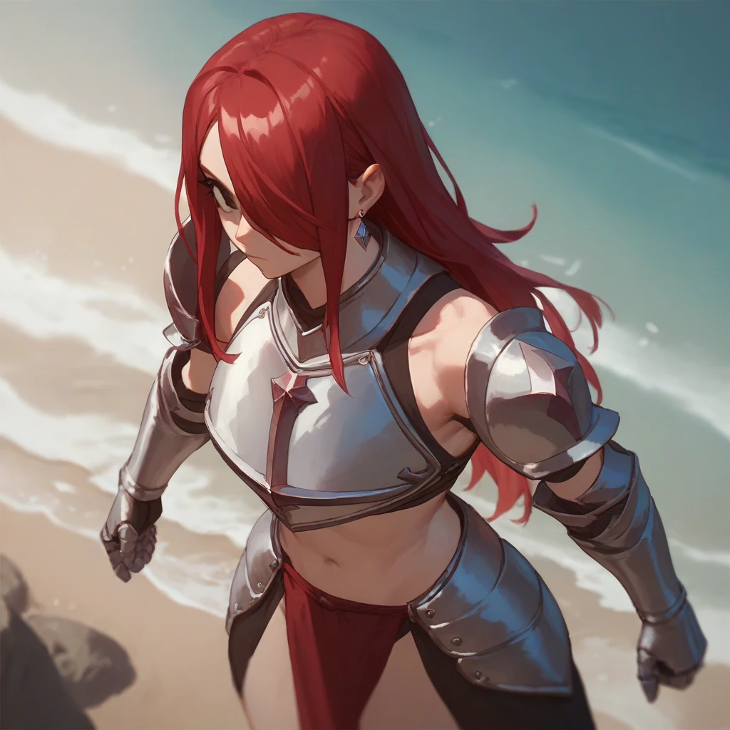 A girl with long red hair and hair over one eye, as she has a brown eyes, a diamond-shape silver earrings, a slender, voluptuous body, wearing a red bikini armor while on the beach.