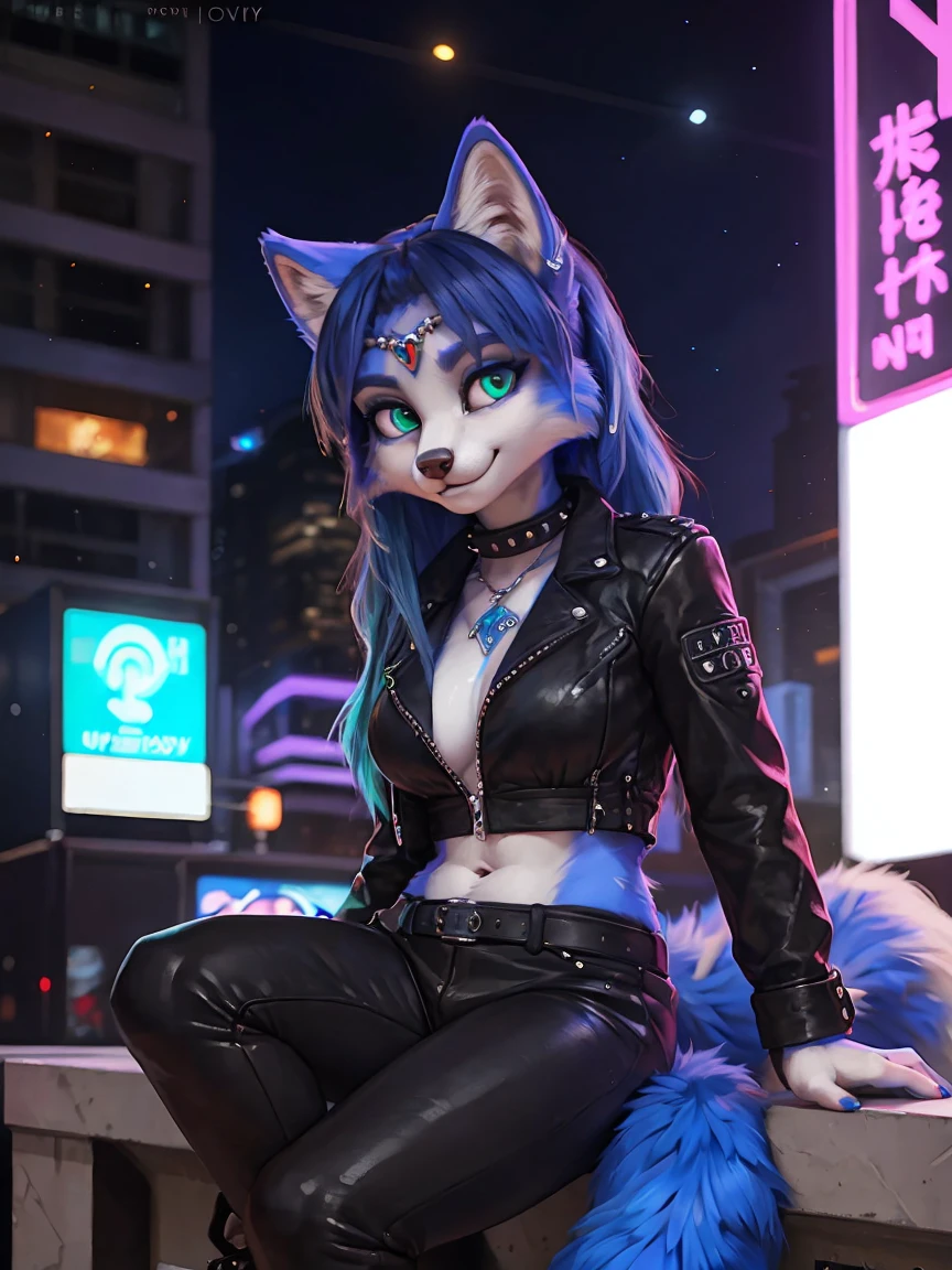 3d art, detailed wallpaper, cyberpunk suite, city, female , furry , solo , , shirt , leather armor, short hair , fursuite, green eyes, fox ears, punk hair , blue fur , electronics , simple background ,cowboy shot , , <lora:emo_hairstyle:0.6>