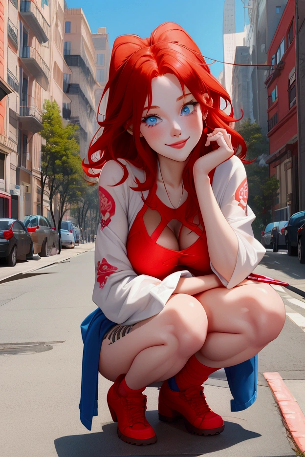  Beautiful girl . She is 22 years old .  bright red hair  .  blue eyes  . There is a tattoo on the neck  " LERA  " .  160 cm height  . 3 breast size .  dressed in simple clothes . stands on the street .  She has a notebook and pen in her hand  . She is squatting with her legs spread. , Smiling depravedly