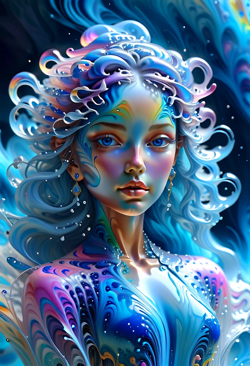 （Super Fine，lifelike：1.37），Psychedelic abstract art：3D goddess sculpture made of flowing liquid，Beautiful blue eyes，Serene expression，soft flowing hair，Upper Body，Background of the myth，creative composition，Liquid textures and patterns，High-resolution rendering，Crystal clear，Exquisite craftsmanship，Dreamy atmosphere，Sensual and fascinating，masterpiece：1.2。