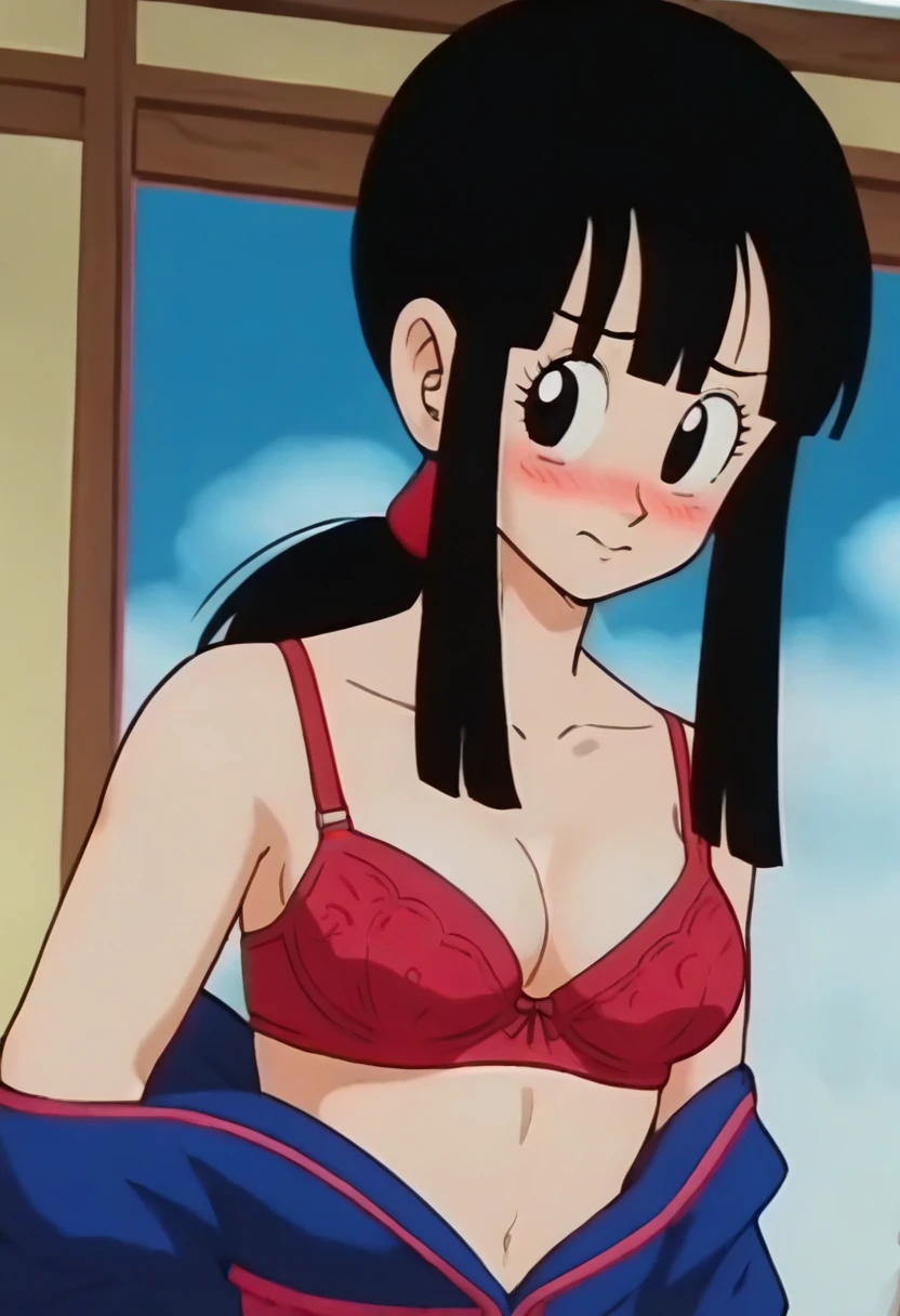 source_anime, score_9, score_8_up, score_7_up, anime screencap,8k, absurdres, 
chi-chi, 1girl, solo, long hair, breasts, looking at viewer, blush, bangs, black hair, medium breasts, upper body, ponytail, sidelocks, underwear, black eyes, blue sky, bare arms, eyelashes, cloudy sky, (raised eyebrows), bedroom, blush, ((undressing)), (bra)‚cute full body lingerie ‚red sleepwear, full body,