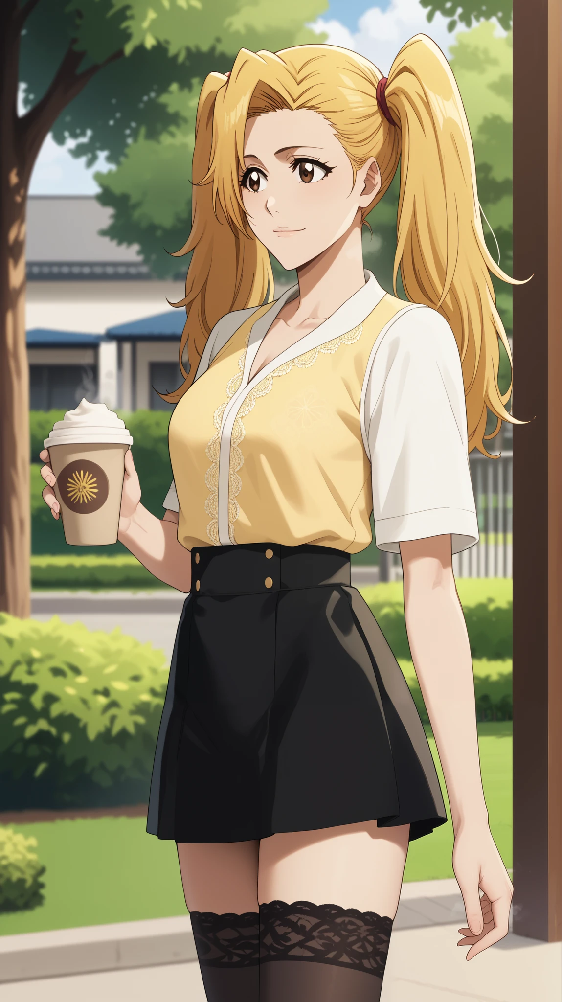   1 girl of fifteen years old  ,  young girl  , solo, anime pastor  "bleach".
Appearance:  brown eye  ,  long straight light yellow hair  , (  a hairstyle in the form of two high ponytails made of blond hair on her head) , smile,  closed mouth  ,  blond hair  , (( yellow lace top , black mini skirt , stockings)), background: Park, trees, evening, backgroundари.  The girl is holding a paper cup of coffee , Steam comes from the glass ,  steam from breathing , twilight, evening, backgroundари