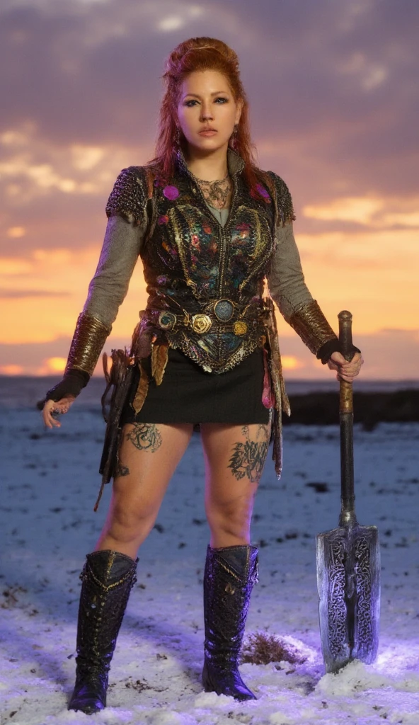 (masterpiece, photorealistic:1.4, extremely intricate:1.3), (photon mapping, radiosity, physically based rendering, ultra resolution, hyper-realistic, photorealistic:1.4, hyper-realistic, 8K), A sexy curvy Viking warrior with long fiery red hair, slightly overweight figure, wearing a deep neckline lightweight armor inspired by aubergine motifs, featuring metallic purple and gold details. Her chest and hands are adorned with artistic tattoos of aubergines, while a bold "M" tattoo is etched on her thigh. She wields a rune-engraved purple glowing axe, standing proudly on a snowy battlefield under a twilight sky with golden and violet hues.