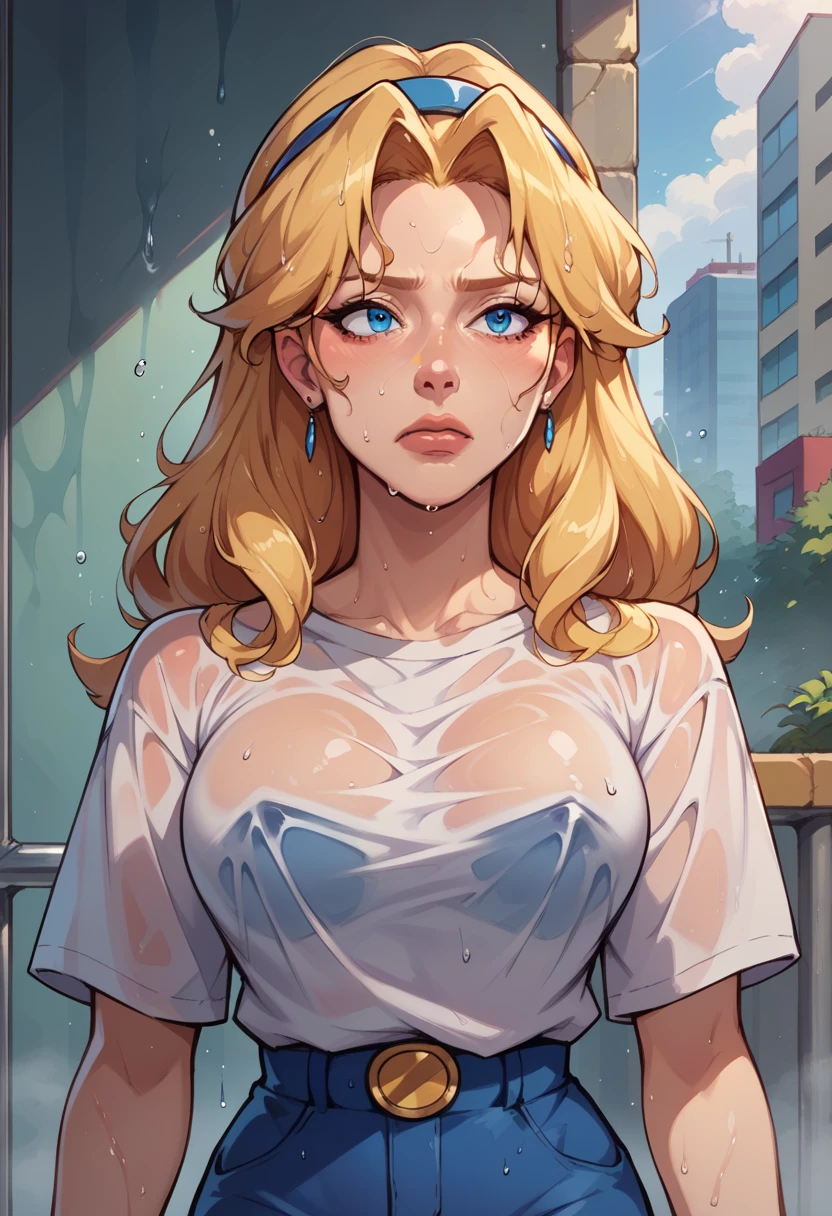 score_9, score_8_up, score_7_up, score_6_up, source anime, BREAK 1girl, solo, mature girl, adult, Maria Robotnik, \(Sonic\), blonde hair, sidelocks, long hair, blue eyes,  wet hair, wet clothes, dazed