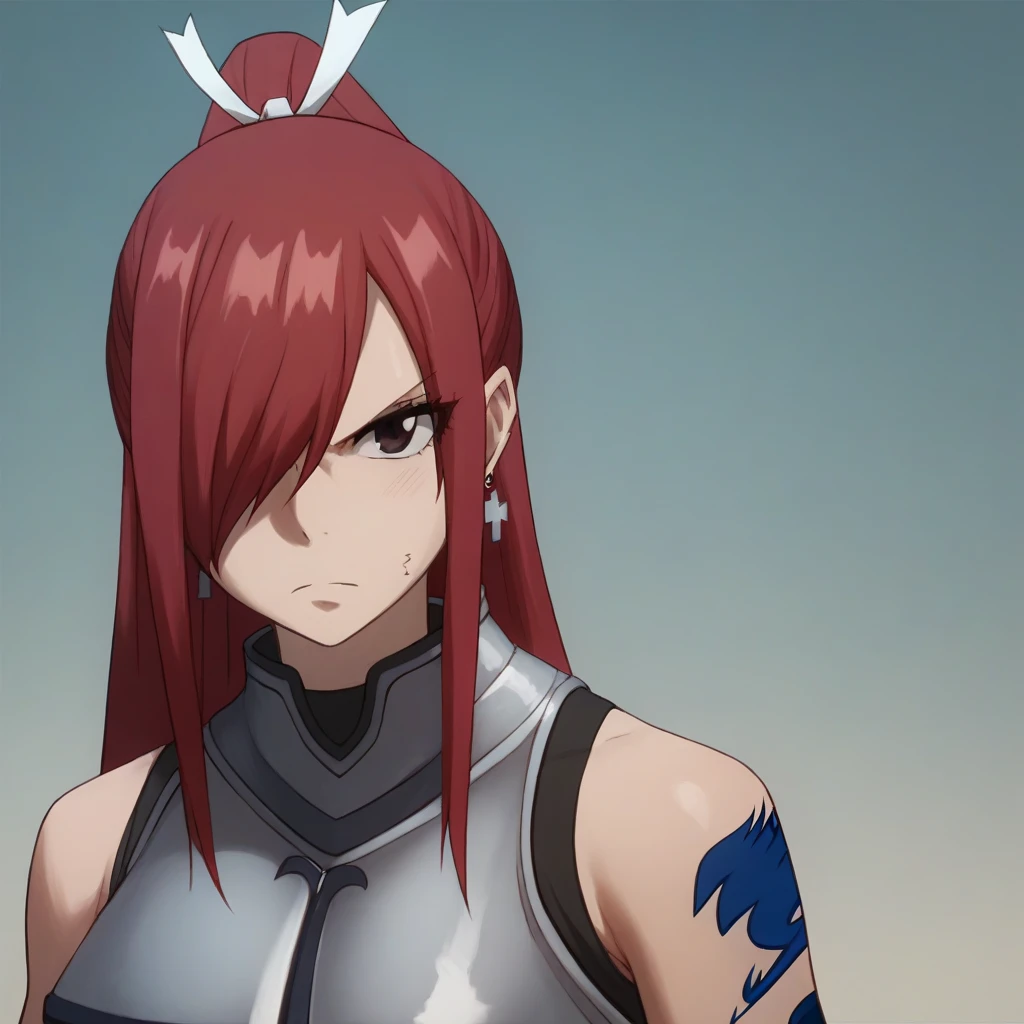 A girl with long red hair and hair over one eye, as she has a brown eyes, a diamond-shape silver earrings, a slender, voluptuous body, qmd she has a blue fairy tail symbol tattoo on her left arm, and, she's wearing a red female ninja armor while she's in the field.