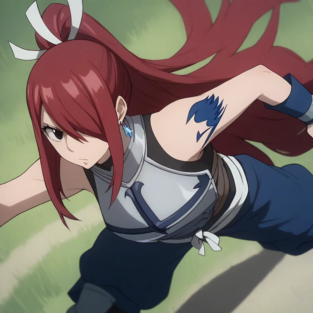 A girl with long red hair and hair over one eye, as she has a brown eyes, a diamond-shape silver earrings, a slender, voluptuous body, qmd she has a blue fairy tail symbol tattoo on her left arm, and, she's wearing a red female ninja armor while she's in the field.