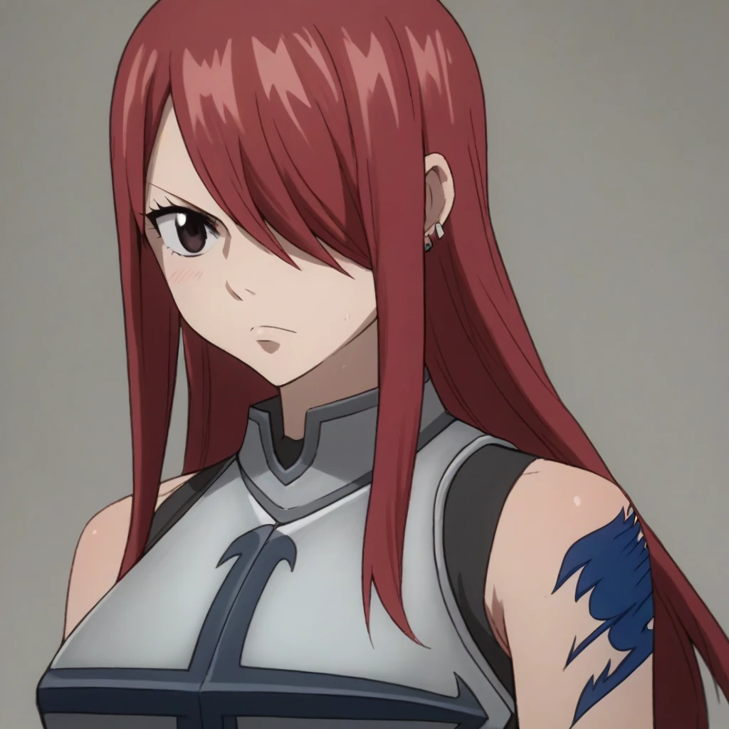 A girl with long red hair and hair over one eye, as she has a brown eyes, a diamond-shape silver earrings, a slender, voluptuous body, qmd she has a blue fairy tail symbol tattoo on her left arm, and, she's wearing a red female ninja armor while she's in the field.