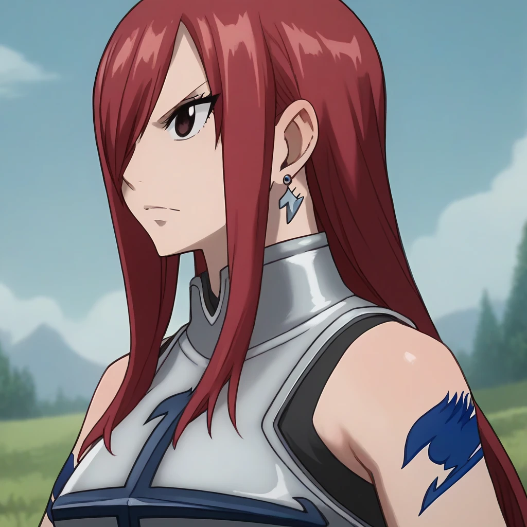 A girl with long red hair and hair over one eye, as she has a brown eyes, a diamond-shape silver earrings, a slender, voluptuous body, qmd she has a blue fairy tail symbol tattoo on her left arm, and, she's wearing a red female ninja armor while she's in the field.