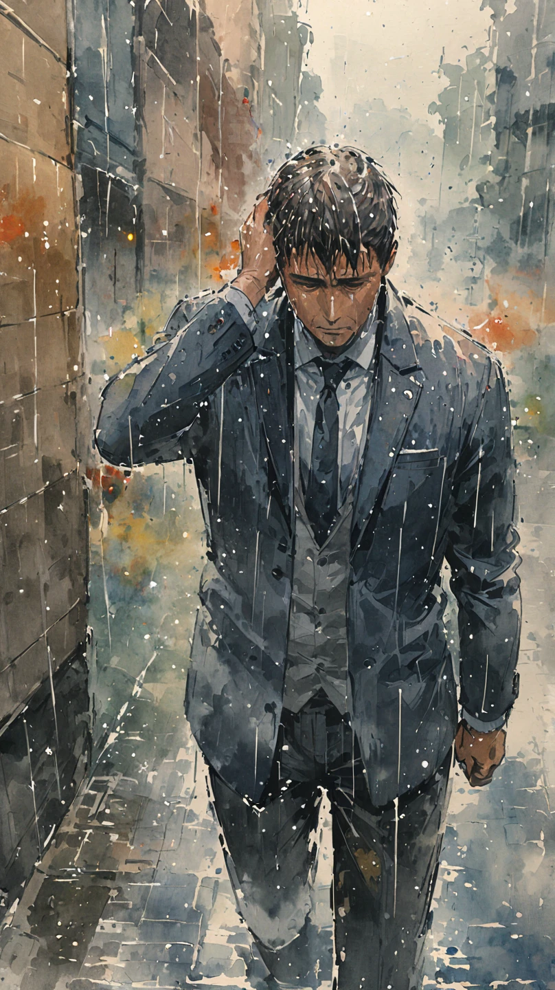 watercolor painting of a man in suit in the rain. full body shot of the man who is soaked under the rain. he tilts his head up to face the rain, the rainwater flows down his face. he is walking in the street, holding his hands out to feel the rain. watercolor brushes stroke painting style. the sky is dark.