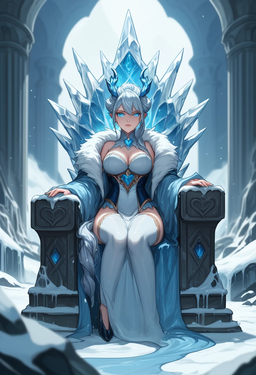 A frost dragon coiled around an icy throne in the heart of a glacier cavern. Blue light reflects off the sharp icicles, while faint silver and black undertones create a cold, ominous atmosphere. A mysterious queen sits on the throne, her gaze commanding, with the dragon’s glowing eyes mirroring her intensity