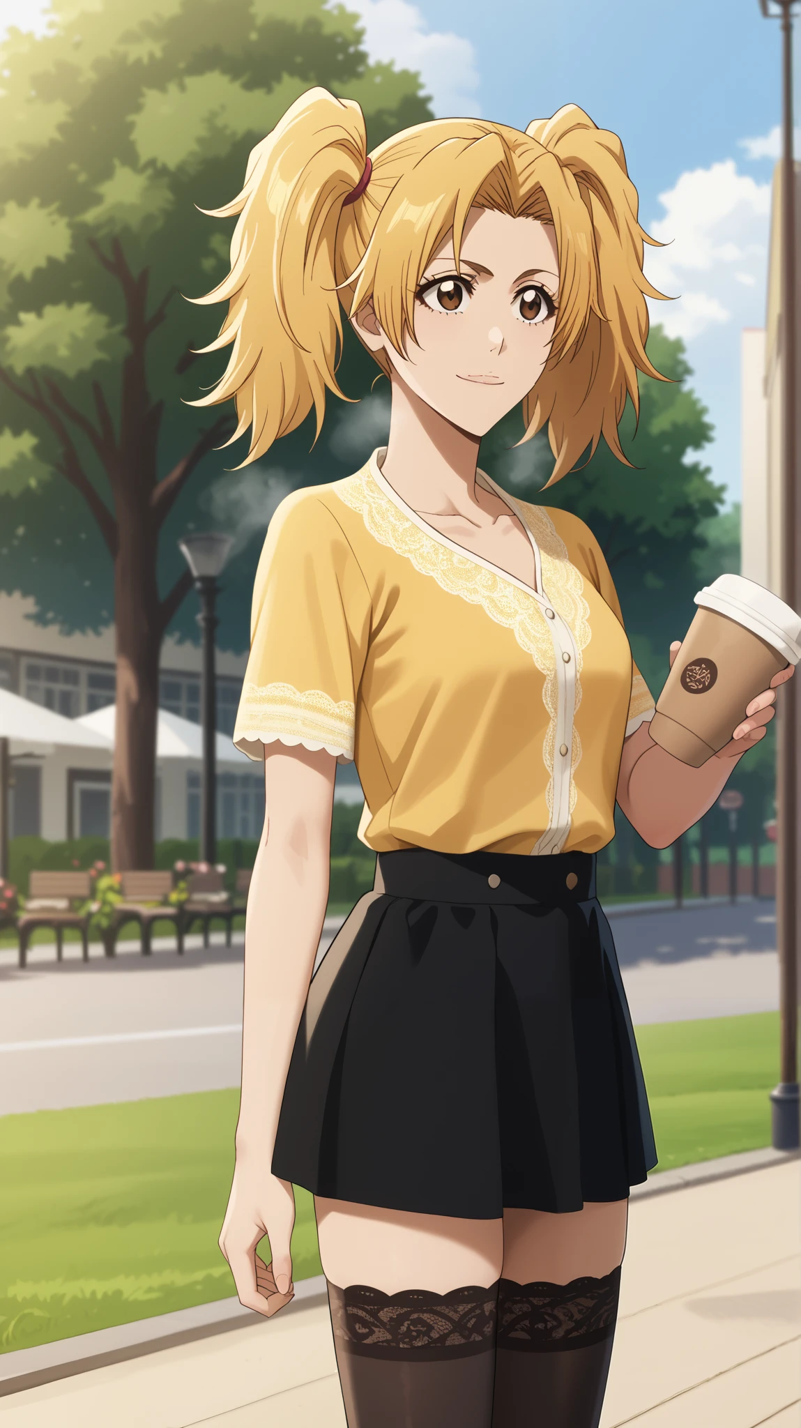   1 girl of fifteen years old  ,  young girl  , solo, anime pastor  "bleach".
Appearance:  brown eye  ,  long straight light yellow hair  , (  a hairstyle in the form of two high ponytails made of blond hair on her head) , smile,  closed mouth  ,  blond hair  , (( yellow lace top , black mini skirt , stockings)), background: Park, trees, evening, backgroundари.  The girl is holding a paper cup of coffee , Steam comes from the glass ,  steam from breathing , twilight, evening, backgroundари