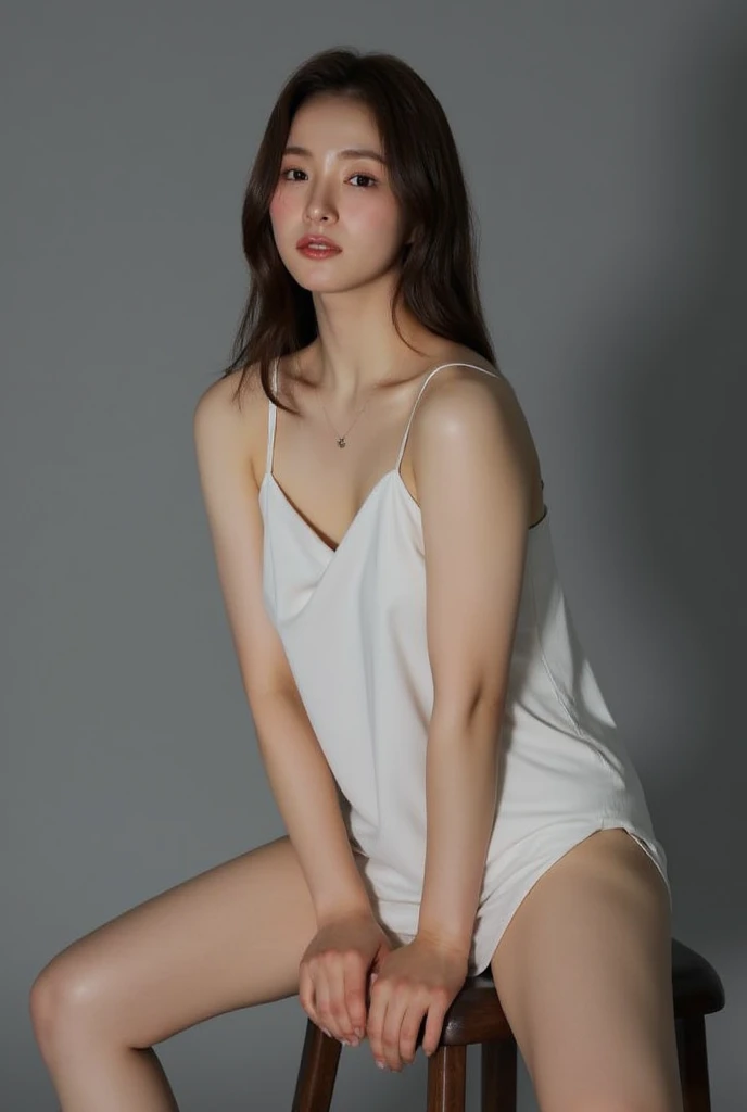 beautiful asian girl , wearing white sleeveless dress, short dress, gray background, overexposed, studio lighting, high quality, film grain, light reflections, blood vessels, pale skin, skin pores, blood vessels in sclera, detailed skin, beauty spots, skin fuzz, full body, sitting on wooden stool, looking at viewer, spread legs wide open, nsfw, sexy pose, show panties under dress