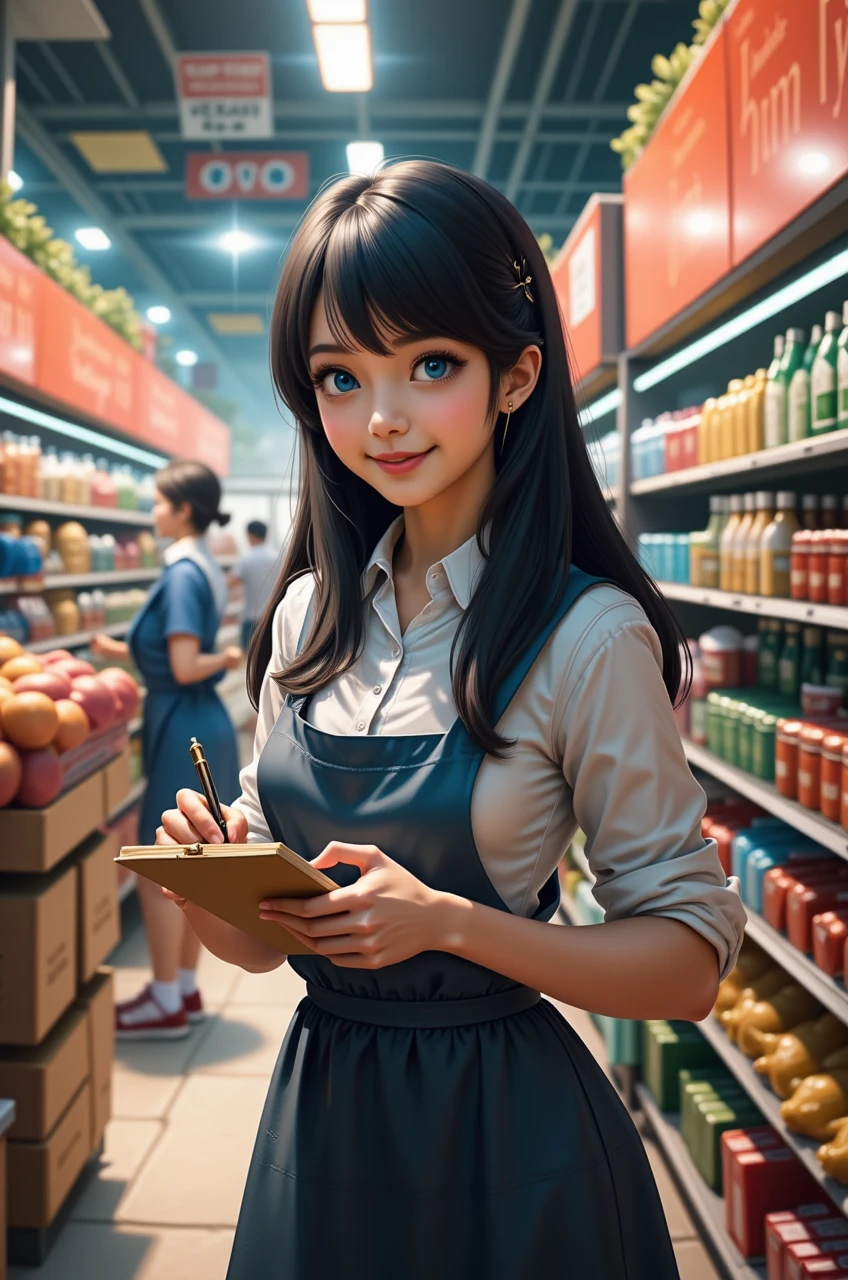  CHARACTER WITH LONG BLACK HAIR, SHE WORKS AT A SUPERMARKET .  holding a notepad.