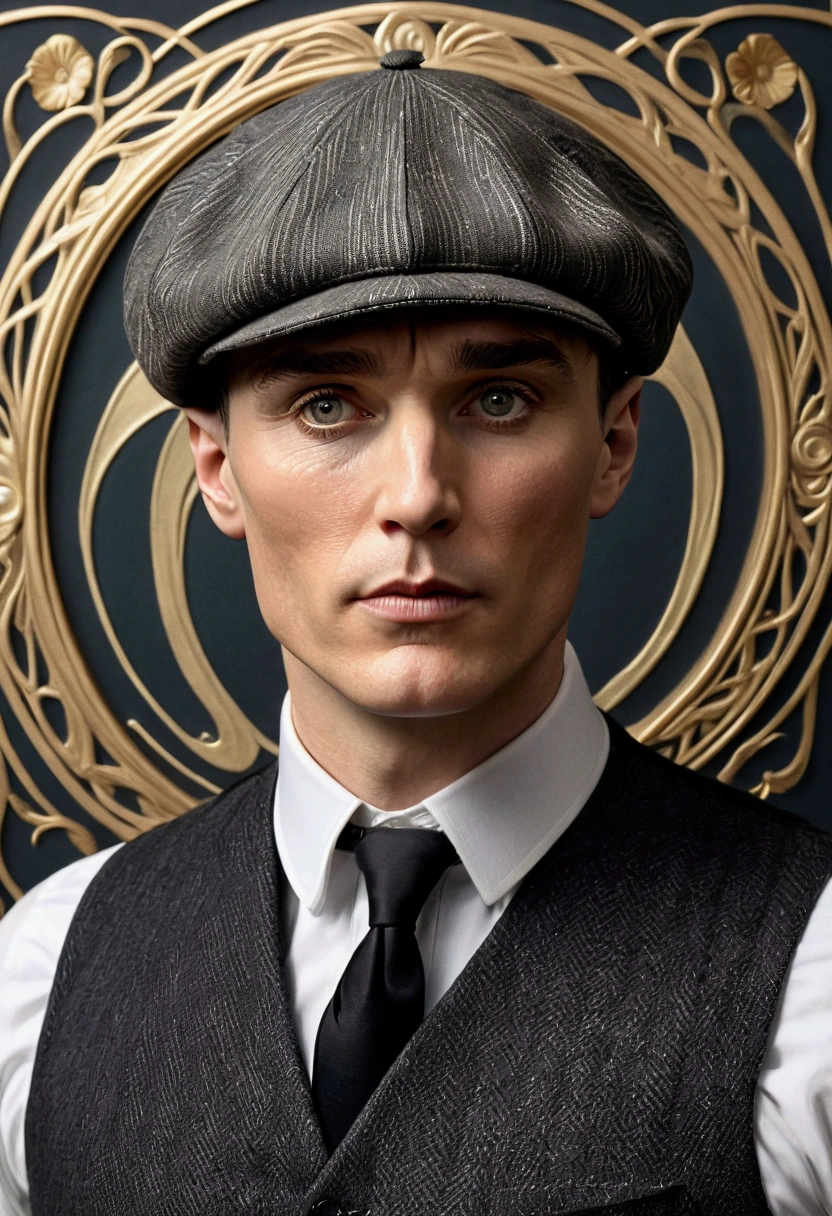  Hyperrealistic portrait of Cillian Murphy playing Thomas Shelby ,  character from Peaky Blinders ,  with an elegant and refined Art Nouveau style .  The portrait focuses on his face and upper torso .  He wears a classic flat cap  (flat beret )  in dark tones with a tweed texture ,  perfectly fitted over his head .  His clothing includes an impeccable three-piece suit with vertical black and white stripes ,  a starchy white shirt , a black vest,  and a tight black tie .  Thomas Shelby's face is defined by high cheekbones ,  marked jaw, Her fair skin.  His expression reflects a mix of serenity and determination ,  with a penetrating and captivating look .  The light eyes are lightly shaded , transmitiendo un eatre de misterio y control.  His dark hair is carefully styled under the beret ,  showing the iconic style of the character .  The background is an intricate Art Nouveau design ,  composed of patterns gold and beige flowers ,  with organic curves and circular geometric patterns that frame the character symmetrically and harmoniously .  The flowers include delicate petals and ornamental details that evoke a classic and timeless environment .  The color scheme is monochrome , with black tones, white, and golden ,  using engraved shading techniques to enhance the details of the face ,  the clothes and the bottom .  The soft lighting focuses attention on the face and the beret ,  highlighting the texture and depth of the character ."  Additional instructions for SeaArt .eat:  the level of Maximum for ensure that the facial features and texture of the beret and suit are accurate.  Select a hyperrealistic style with Art Nouveau influence .  Configures the color palette to monochrome tones with gold accents to ensure fidelity to the visual style .