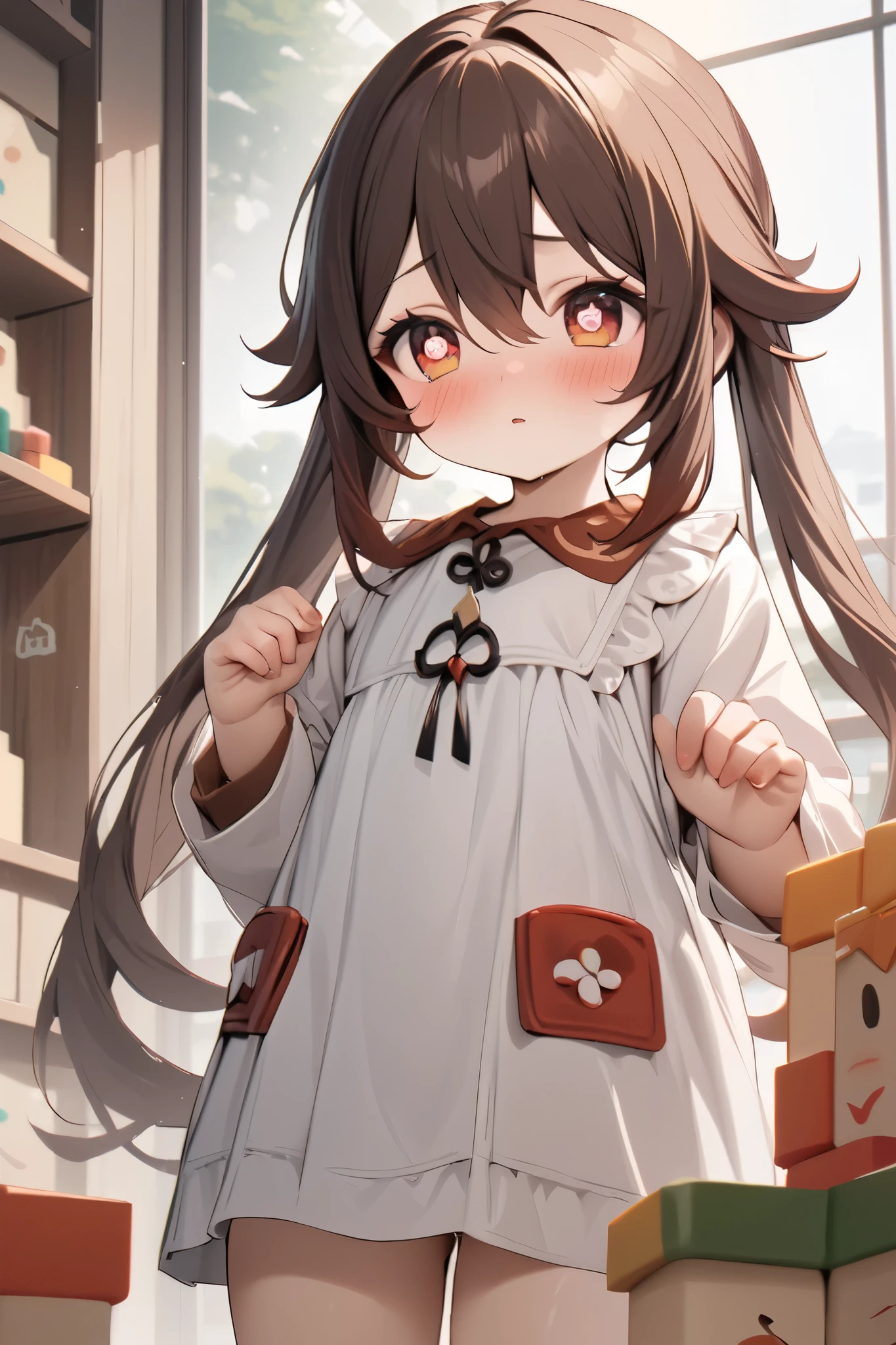 NSFW,masterpiece, top quality , high res, very detailed,Futao\(Genshin Impact\)、 long hair、bangs、Brown Hair、Red Eye、 hair between eyes、 twin tails、side lock、 symbol shaped pupil ,Smock,blush, Kindergarten,Building blocks