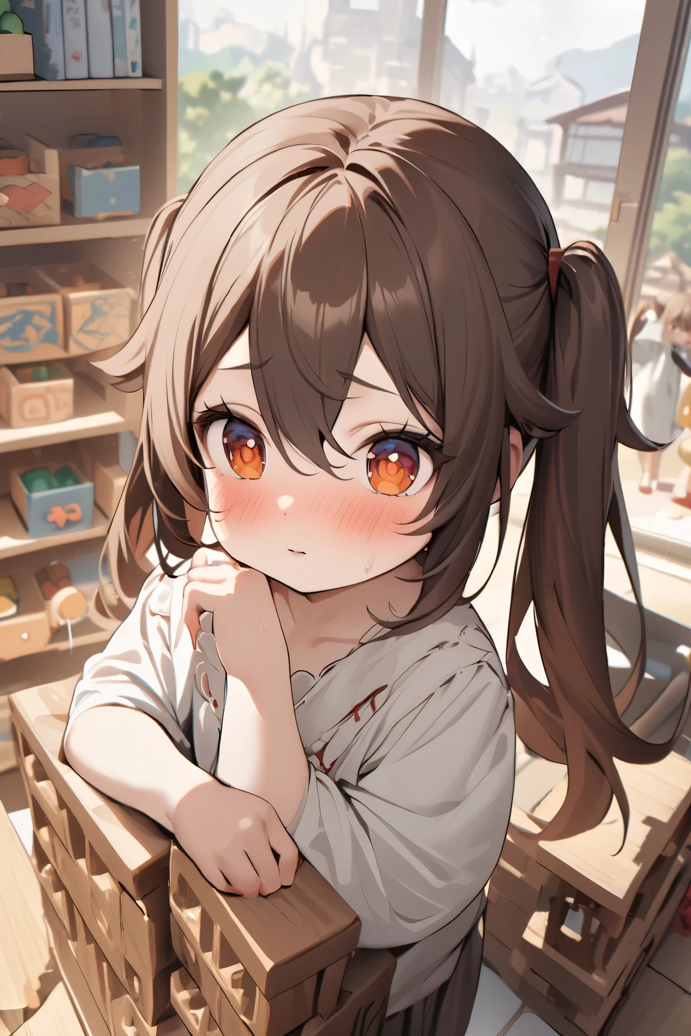 NSFW,masterpiece, top quality , high res, very detailed,Futao\(Genshin Impact\)、 long hair、bangs、Brown Hair、Red Eye、 hair between eyes、 twin tails、side lock、 symbol shaped pupil ,Smock,blush, Kindergarten,Building blocks