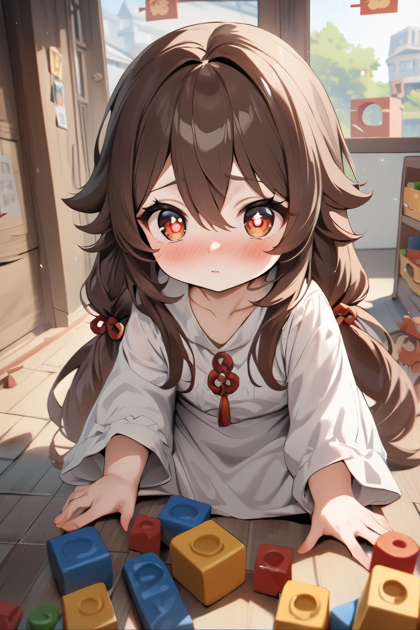 NSFW,masterpiece, top quality , high res, very detailed,Futao\(Genshin Impact\)、 long hair、bangs、Brown Hair、Red Eye、 hair between eyes、 twin tails、side lock、 symbol shaped pupil ,Smock,blush, Kindergarten,Building blocks