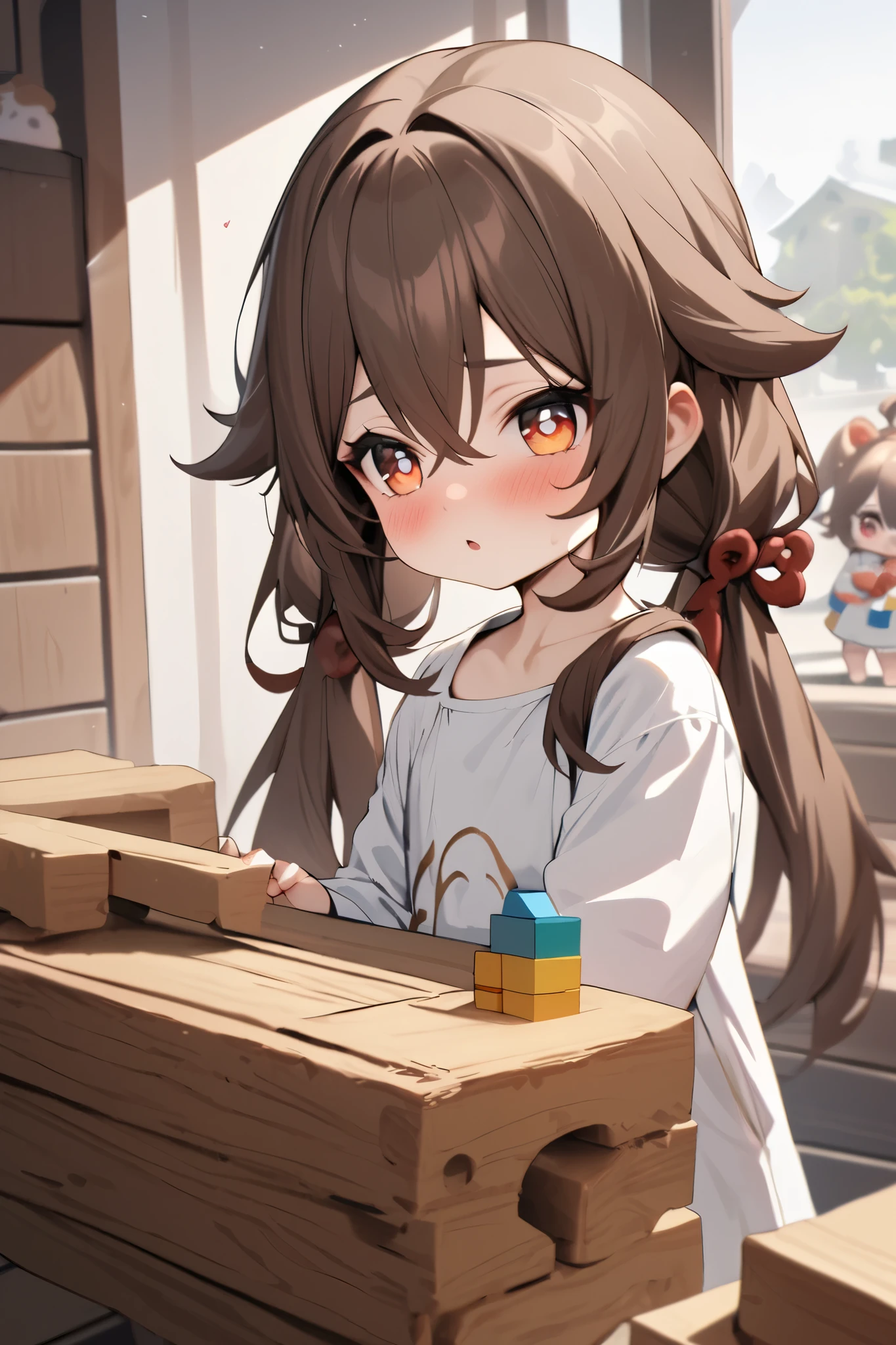 NSFW,masterpiece, top quality , high res, very detailed,Futao\(Genshin Impact\)、 long hair、bangs、Brown Hair、Red Eye、 hair between eyes、 twin tails、side lock、 symbol shaped pupil ,Smock,blush, Kindergarten,Building blocks