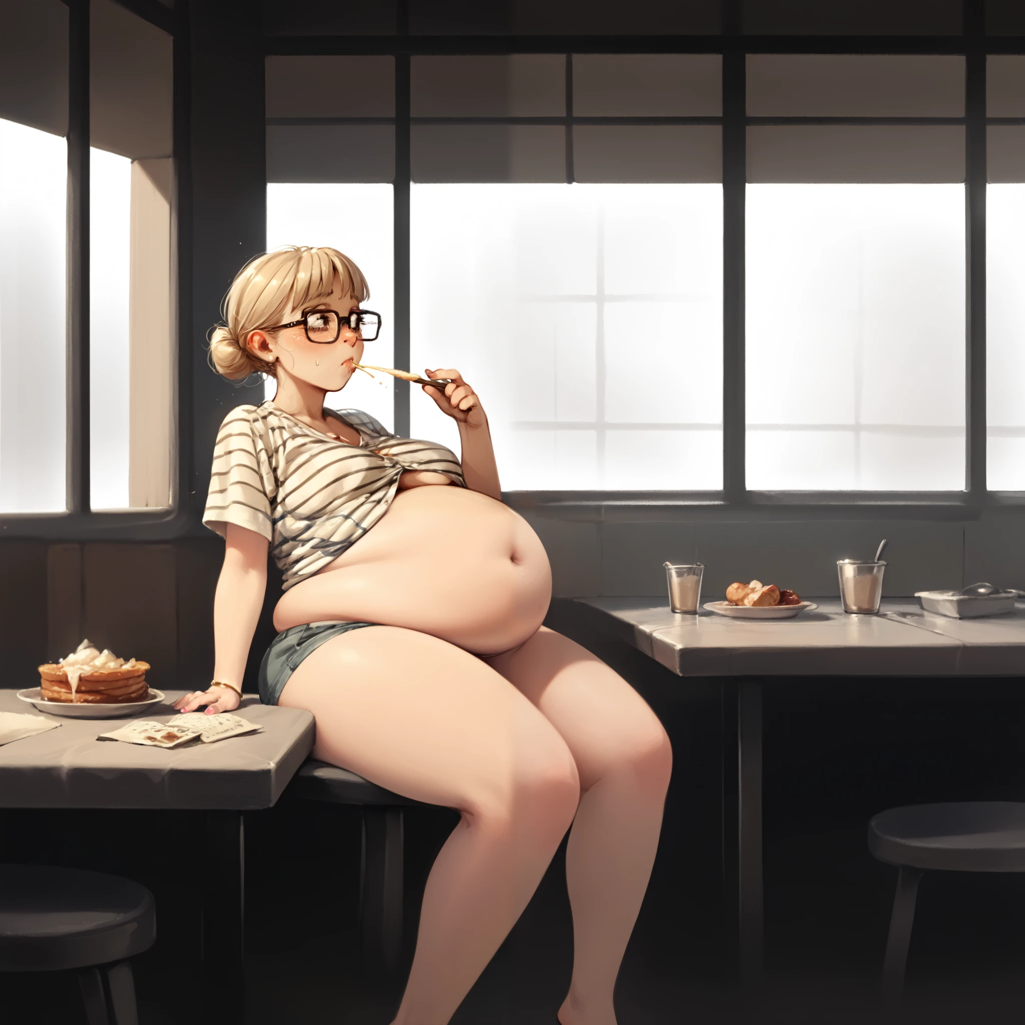 One woman, (quirky woman),, sitting at a booth in a cafe, large granny panties, ((belly stuffed full with food)), striped v neck shirt, large black square glasses, thick blonde hair, (tired and exhaling emotions), volumetric and specular lighting, , ((small perky breasts)),, (belly fat rolls)