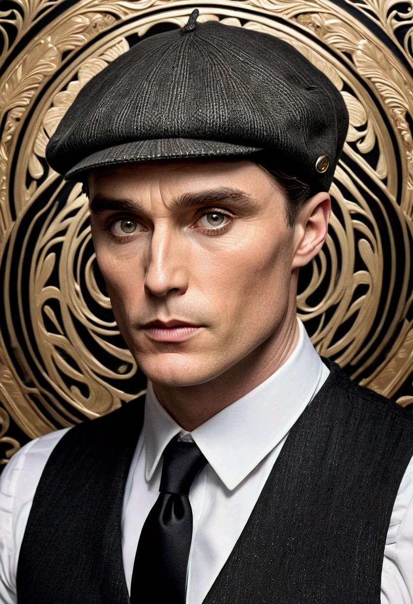  Cillian Murphy playing Thomas Shelby,  character from Peaky Blinders ,  with an elegant and refined Art Nouveau style .  The portrait focuses on his face and upper torso .  He wears a classic flat cap  (flat beret )  in dark tones with a tweed texture ,  perfectly fitted over his head .  His clothing includes an impeccable three-piece suit with vertical black and white stripes ,  a starchy white shirt , a black vest,  and a tight black tie .   His expression reflects a mix of serenity and determination ,  with a penetrating and captivating look .  The light eyes are lightly shaded , transmitiendo un eatre de misterio y control.  His dark hair is carefully styled under the beret ,  showing the iconic style of the character .  The background is an intricate Art Nouveau design ,  composed of patterns gold and beige flowers ,  with organic curves and circular geometric patterns that frame the character symmetrically and harmoniously .  The flowers include delicate petals and ornamental details that evoke a classic and timeless environment .  The color scheme is monochrome , with black tones, white, and golden ,  using engraved shading techniques to enhance the details of the face ,  the clothes and the bottom .  The soft lighting focuses attention on the face and the beret ,  highlighting the texture and depth of the character ."  Additional instructions for SeaArt .eat:  the level of Maximum for ensure that the facial features and texture of the beret and suit are accurate.  Select a hyperrealistic style with Art Nouveau influence .  Configures the color palette to monochrome tones with gold accents to ensure fidelity to the visual style .