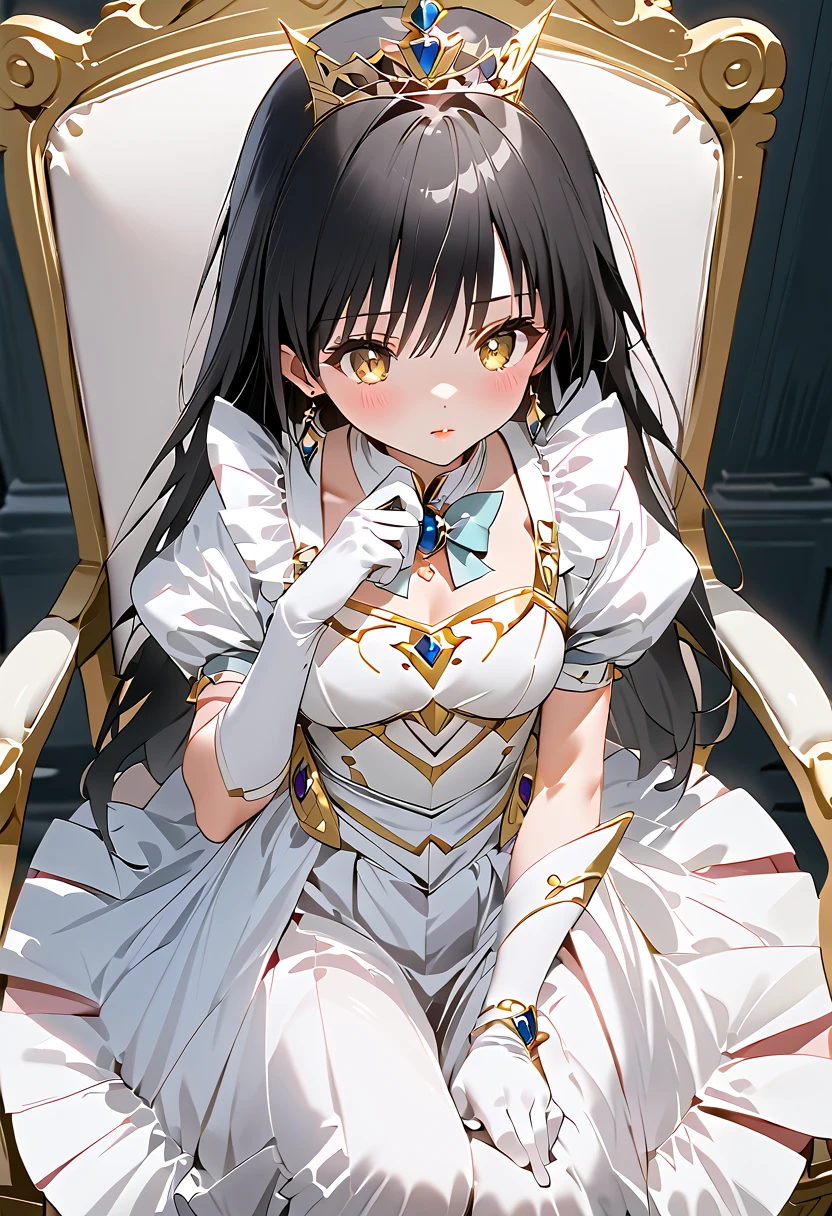 ((masterpiece)),   top quality ,   very detailed,( Reassuring Girl ),Yui Kotegawa,   yellow eyes,  long hair,   black hair,   dress, (( I like white knee-high socks Arcelle )),  gloves,  gem,  ,   princess your toddler, elbow  gloves,   tiara  , brooch, white  gloves、Adult female、thin、  very beautiful in a chair 、  facial beauty、  long skirt 、(((Black and white armor、breastplate、Shiny Armor:1.2)))、  holding a bow、  gold earrings 、  black hair,   yellow eyes,   pink lips、whole body