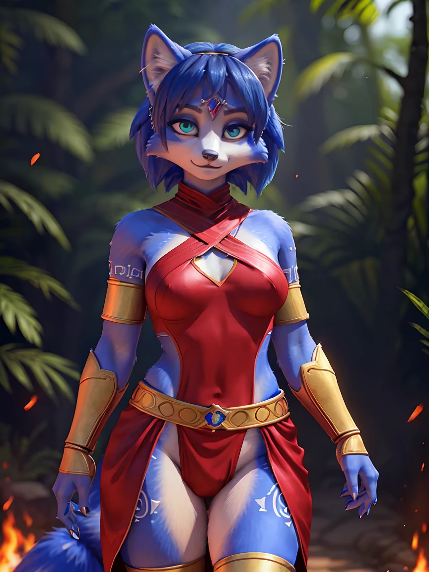 A blue vixen, Krystal, from StarFox, in a bikini stands in the rain, her green armor reflecting the light, 1girl, solo, breasts, smile, short hair, bangs, blue eyes, navel, animal ears, cleavage, jewelry, closed mouth, blue hair, standing, collarbone, upper body, bikini, small breasts, artist name, cat ears, necklace, stomach, armor, gradient, looking to the side, gradient background, watermark, looking away, shoulder armor, web address, furry, rain, green background, pauldrons, circlet, furry female, body fur, shoulder pads, white fur, animal nose, snout, two-tone fur, blue fur