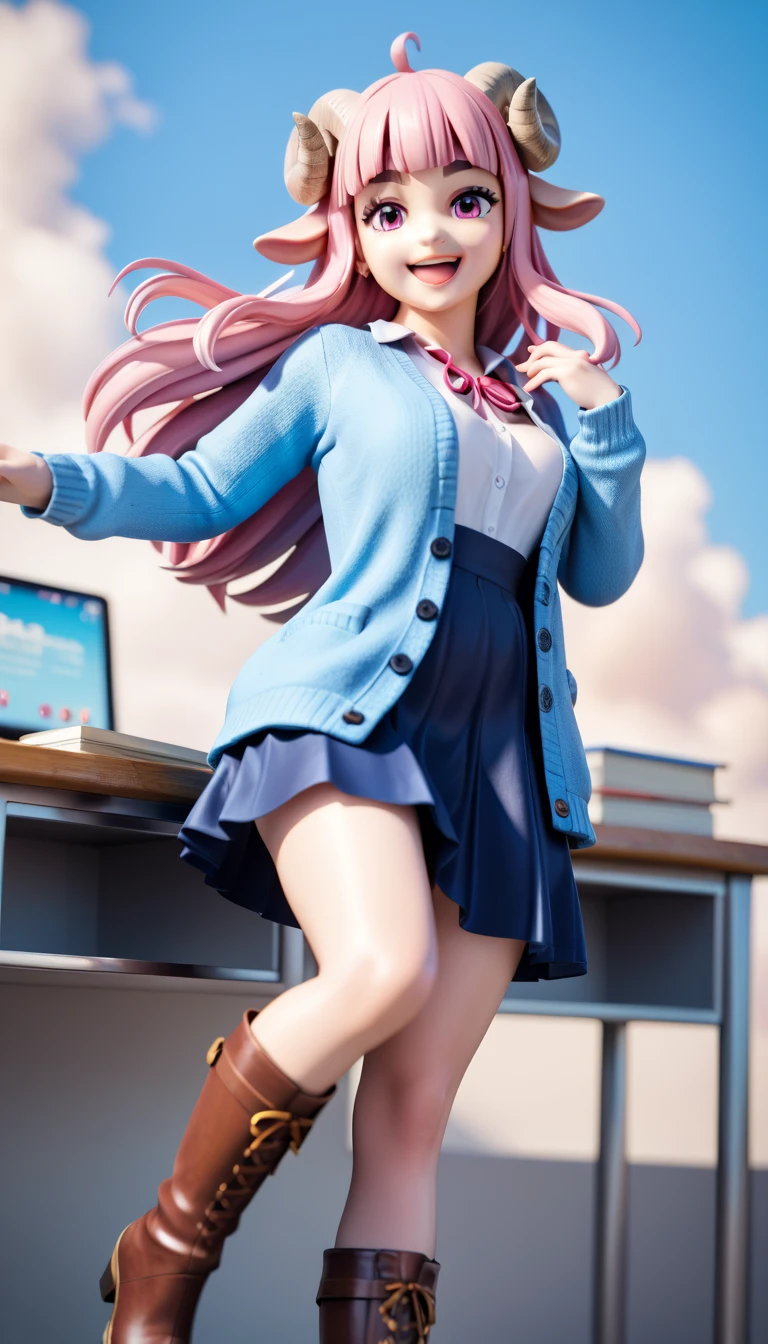 (masterpiece:1.2), UHD, textured skin, high details,  highres icon, best quality, 1woman, standing, 3D Figures:1.15,  pink fluffy long hair:1.5, round sheep horn , Thick eyebrows:1.1,  Pink Long Dress,  sky blue cardigan ,  brown boots ,  smiling with her mouth open , Extend your hand straight to the side,  circling straight to the side, The hem of the skirt is turned over ,  softly flinching dress , One leg slightly raised, Inner thigh,  the leg line is sticking out on the skirt , whole body, 3D Style,  3d rendering ,  OC rendering ,  figure with a pedestal on the desk, Standing on one foot on the pedestal of a , from below