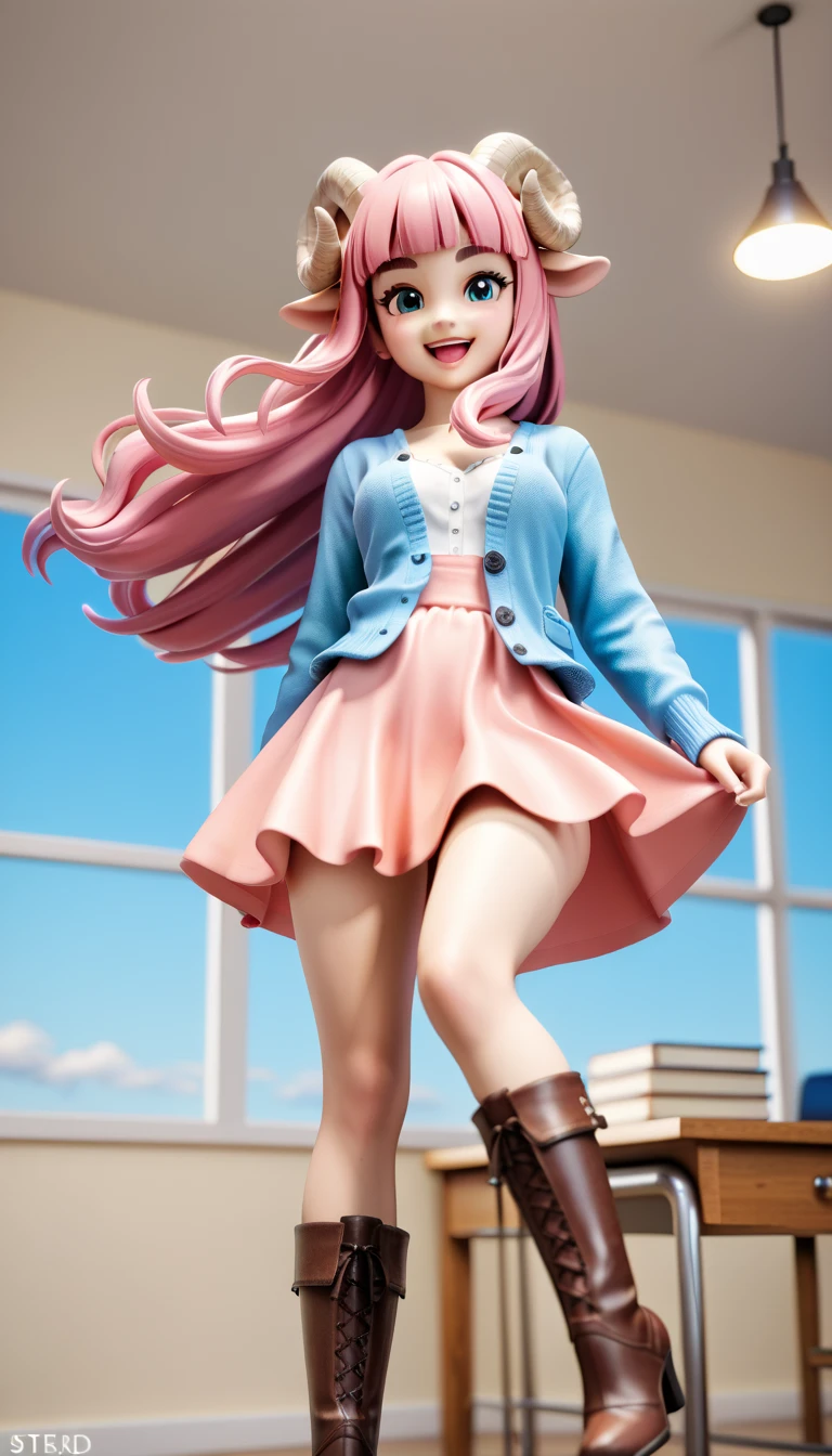 (masterpiece:1.2), UHD, textured skin, high details,  highres icon, best quality, 1woman, standing, 3D Figures:1.15,  pink fluffy long hair:1.5, round sheep horn , Thick eyebrows:1.1,  Pink Long Dress,  sky blue cardigan ,  brown boots ,  smiling with her mouth open , Extend your hand straight to the side,  circling straight to the side, The hem of the skirt is turned over ,  softly flinching dress , One leg slightly raised, Inner thigh,  the leg line is sticking out on the skirt , whole body, 3D Style,  3d rendering ,  OC rendering ,  figure with a pedestal on the desk, Standing on one foot on the pedestal of a , from below