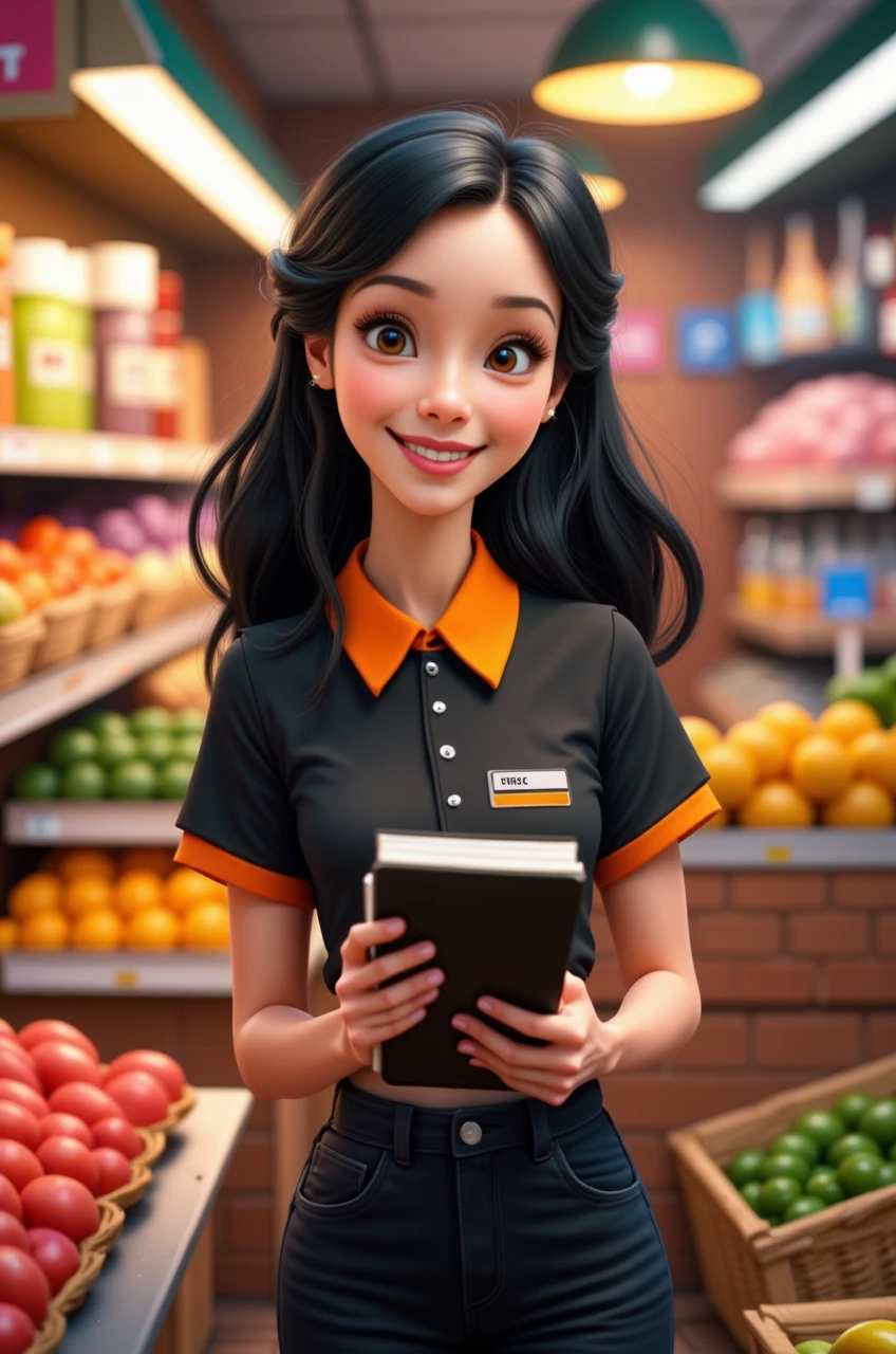 A PIXAR STYLER 3D.  CREATE A FEMALE CHARACTER WITH LONG BLACK HAIR . WEARING A BLACK ORANGE COLLAR T-SHIRT .  SHE WORKS IN A SUPERMARKET AND IS HOLDING A NOTEBOOK.