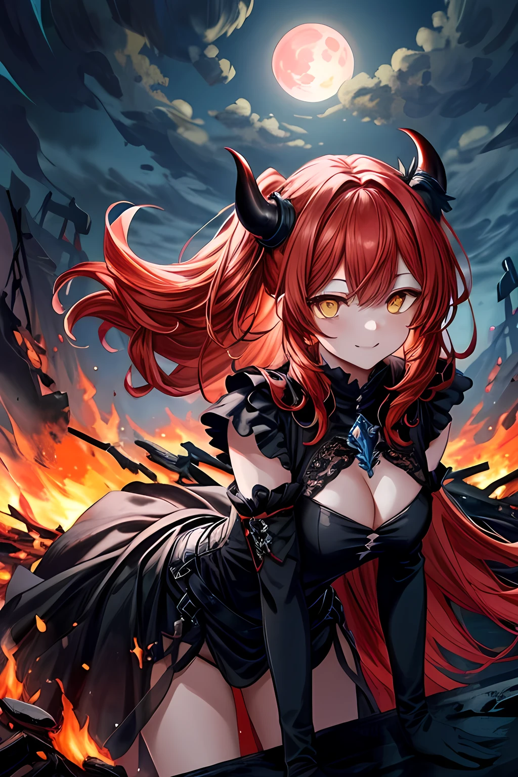 masterpiece, best quality, watercolor (medium), 1 girl, breast, alone, long hair, split, Hair fiery red, red eyes, earrings, Bangs, jewelry, skirt, bare shoulders, sleeveless, hair between eyes, 单pauldron, looking at the audience, large breast, armor, shoulder armor, sleeveless skirt, Upper body, single sleeve, white skirt, pauldron, Smile