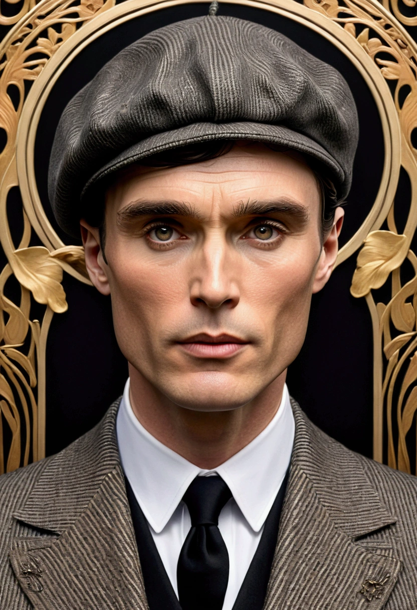 use the face of Cillian Murphy with an elegant and refined Art Nouveau style.  The portrait focuses on his face and upper torso .  He wears a classic flat cap  (flat beret )  in dark tones with a tweed texture ,  perfectly fitted over his head .  His clothing includes an impeccable three-piece suit with vertical black and white stripes ,  a starchy white shirt , a black vest,  and a tight black tie .  His expression reflects a mix of serenity and determination ,  with a penetrating and captivating look .  The light eyes are lightly shaded , transmitiendo un eatre de misterio y control.  His dark hair is carefully styled under the beret ,  showing the iconic style of the character .  The background is an intricate Art Nouveau design ,  composed of patterns gold and beige flowers ,  with organic curves and circular geometric patterns that frame the character symmetrically and harmoniously .  The flowers include delicate petals and ornamental details that evoke a classic and timeless environment .  The color scheme is monochrome , with black tones, white, and golden ,  using engraved shading techniques to enhance the details of the face ,  the clothes and the bottom .  The soft lighting focuses attention on the face and the beret ,  highlighting the texture and depth of the character ."  Additional instructions for SeaArt .eat:  the level of Maximum for ensure that the facial features and texture of the beret and suit are accurate.  Select a hyperrealistic style with Art Nouveau influence .  Configures the color palette to monochrome tones with gold accents to ensure fidelity to the visual style .