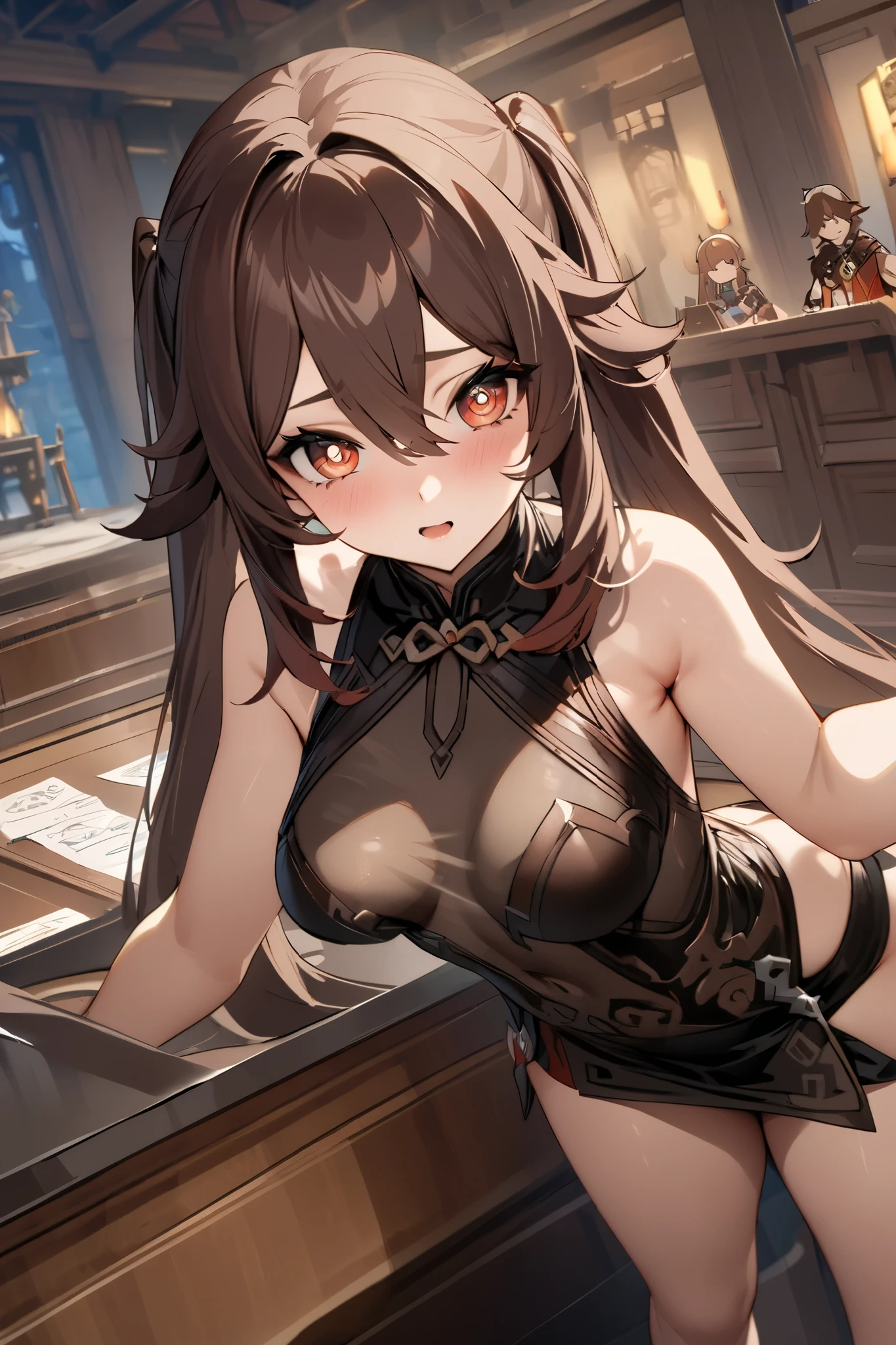 NSFW,masterpiece, top quality , high res, very detailed,Futao\(Genshin Impact\)、 long hair、bangs、Brown Hair、Red Eye、 hair between eyes、 twin tails、side lock、 symbol shaped pupil , leotards, high leg, sleeveless, micro mini skirt, see-through, fantasy, Adventurers Guild, reception counter