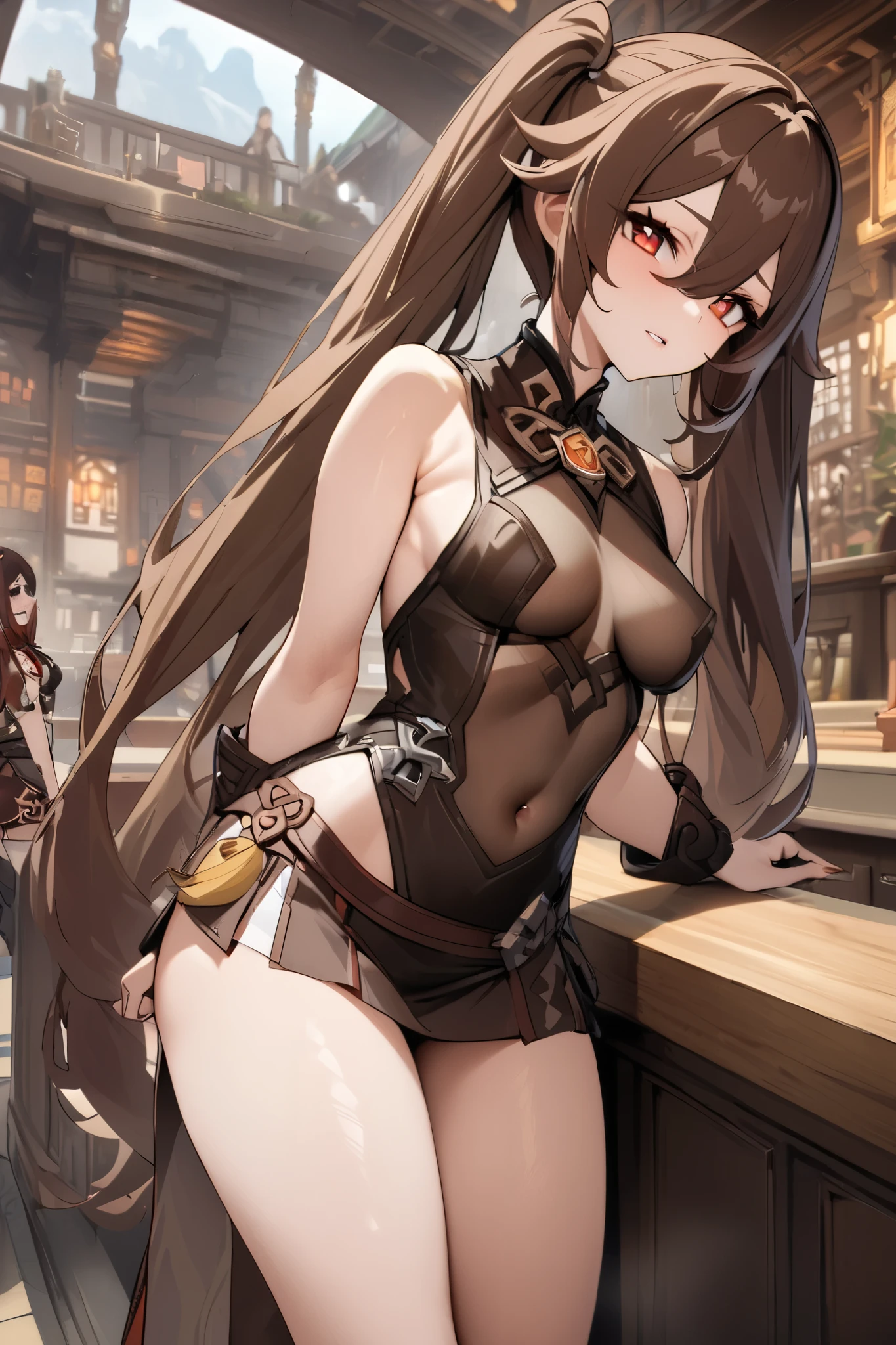 NSFW,masterpiece, top quality , high res, very detailed,Futao\(Genshin Impact\)、 long hair、bangs、Brown Hair、Red Eye、 hair between eyes、 twin tails、side lock、 symbol shaped pupil , leotards, high leg, sleeveless, micro mini skirt, see-through, fantasy, Adventurers Guild, reception counter