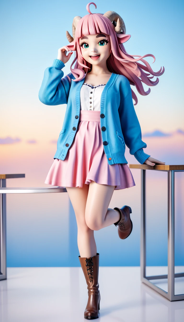 (masterpiece:1.2), UHD, textured skin, high details,  highres icon, best quality, 1woman, standing, 3D Figures:1.15,  pink fluffy long hair:1.5, round sheep horn , Thick eyebrows:1.1,  Pink Long Dress,  sky blue cardigan ,  brown boots ,  smiling with her mouth open , Extend your hand straight to the side,  circling straight to the side, The hem of the skirt is turned over ,  softly flinching dress , One leg slightly raised, Inner thigh,  the leg line is sticking out on the skirt , whole body, 3D Style,  3d rendering ,  OC rendering ,  figure with a pedestal on the desk, Standing on one foot on the pedestal of a , 360 view