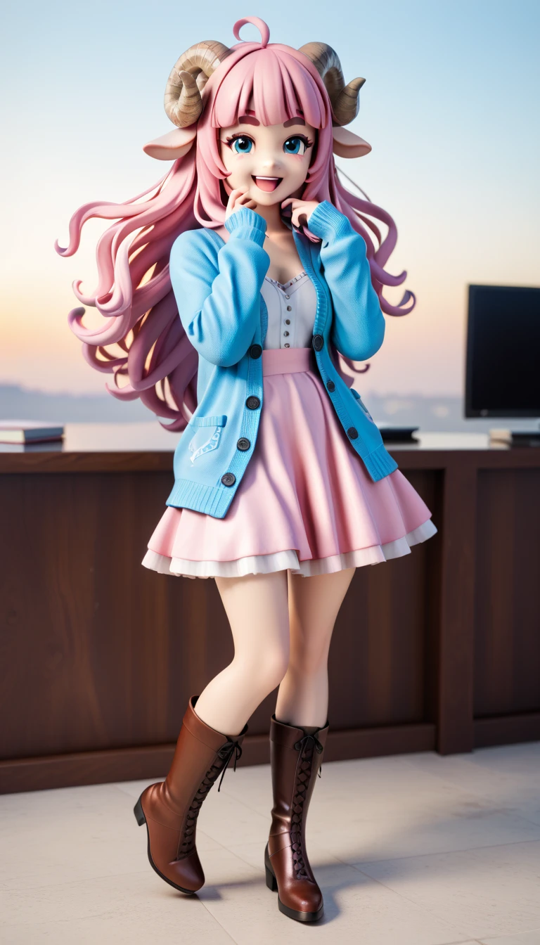 (masterpiece:1.2), UHD, textured skin, high details,  highres icon, best quality, 1woman, standing, 3D Figures:1.15,  pink fluffy long hair:1.5, round sheep horn , Thick eyebrows:1.1,  Pink Long Dress,  sky blue cardigan ,  brown boots ,  smiling with her mouth open , Extend your hand straight to the side,  circling straight to the side, The hem of the skirt is turned over ,  softly flinching dress , One leg slightly raised, Inner thigh,  the leg line is sticking out on the skirt , whole body, 3D Style,  3d rendering ,  OC rendering ,  figure with a pedestal on the desk, Standing on one foot on the pedestal of a , 360 view