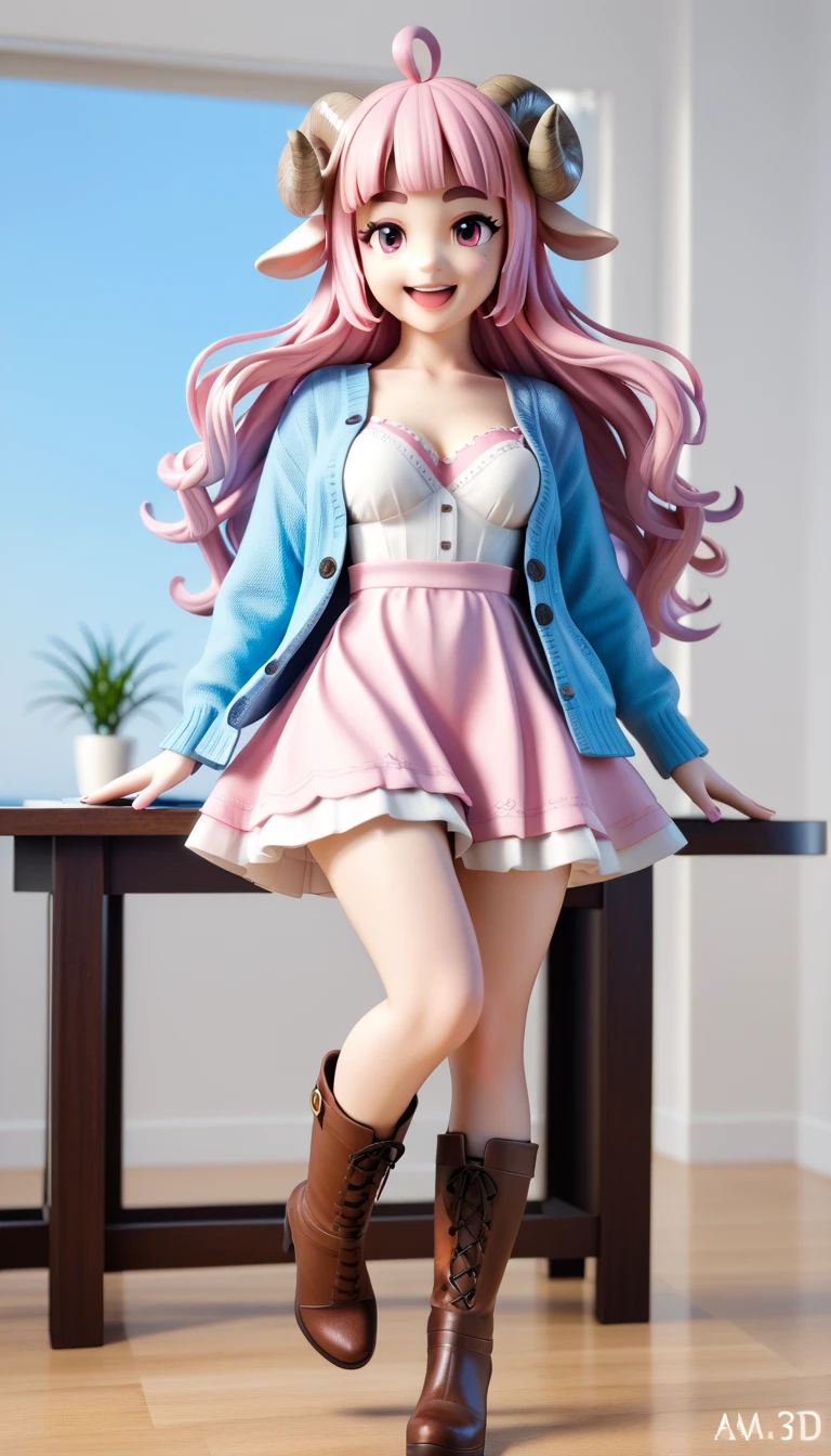 (masterpiece:1.2), UHD, textured skin, high details,  highres icon, best quality, 1woman, standing, 3D Figures:1.15,  pink fluffy long hair:1.5, round sheep horn , Thick eyebrows:1.1,  Pink Long Dress,  sky blue cardigan ,  brown boots ,  smiling with her mouth open , Extend your hand straight to the side,  circling straight to the side, The hem of the skirt is turned over ,  softly flinching dress , One leg slightly raised, Inner thigh,  the leg line is sticking out on the skirt , whole body, 3D Style,  3d rendering ,  OC rendering ,  figure with a pedestal on the desk, Standing on one foot on the pedestal of a , 360 view