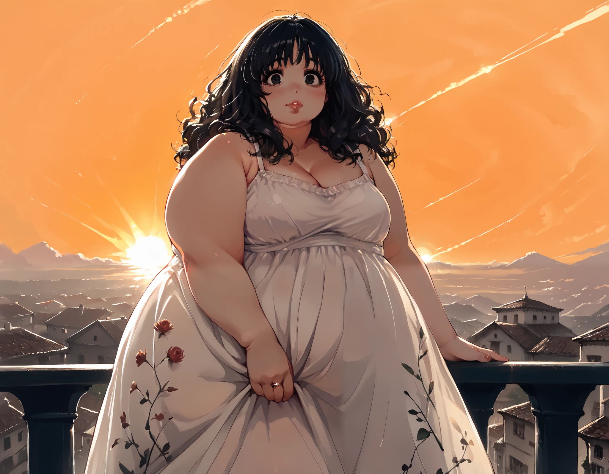 score_9, Score_8_up, Score_7,detailed, manga art, hirune style, fat girl, double chin, fat face, 1girl, ,lip ring, small eye bags, italian woman, curly thick hair, black hair, bright eyes,  eyes, , vintage 1990s floral sundress, ((awestruck and sublime beauty and cute)), (extremely large lower lip), short dress, close up, (backround is a greek town, beautiful, sunset, sunlight, golden hour),  ,nude dress, 