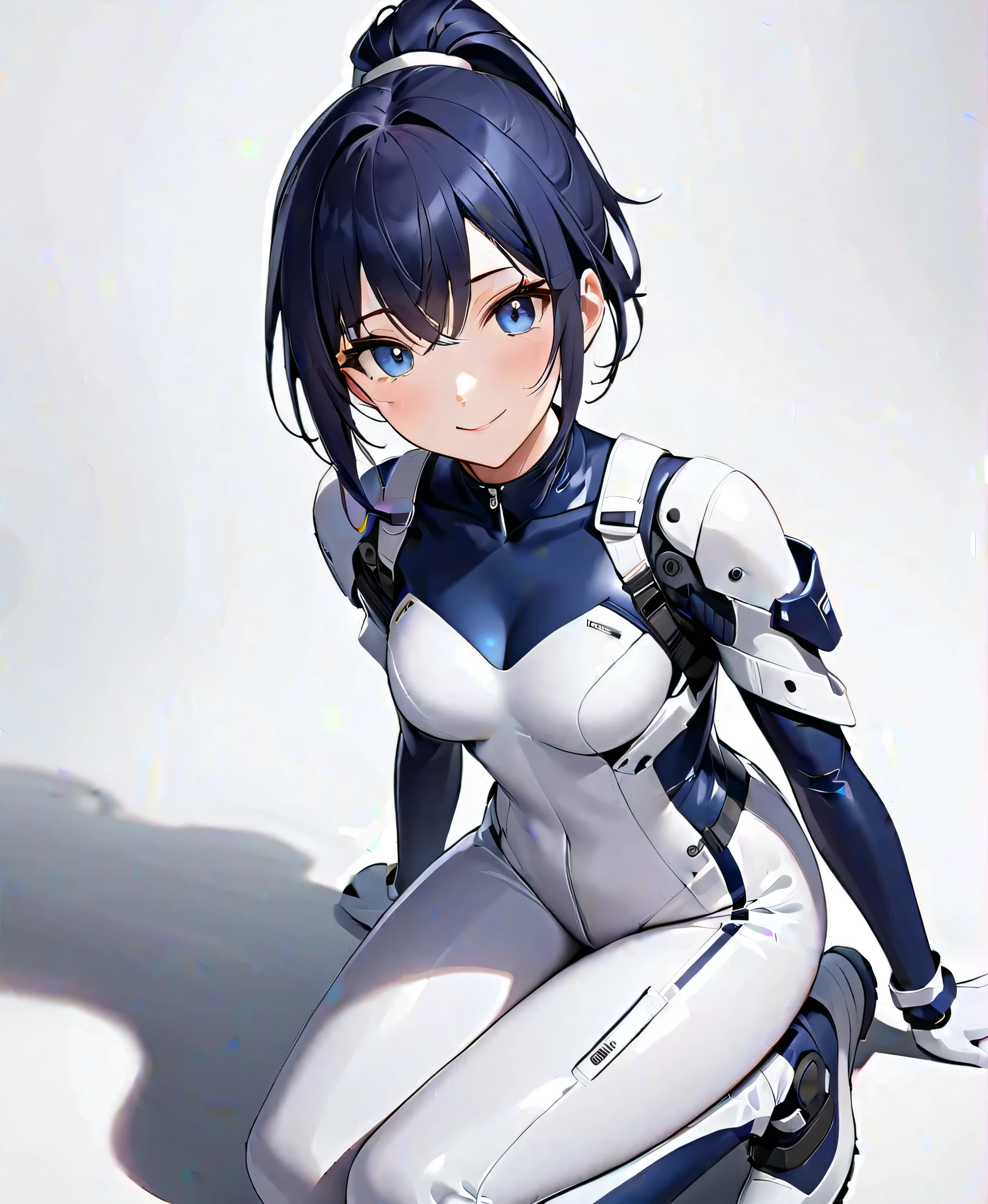 highest quality、Realistic、male、zoom、Cobalt blue eyes、maroon short hair、Hero Suit、Glossy white bodysuit、Blue accents、slender、Dark Skin、Rooftop、An inappropriate smile、Bust Shot、