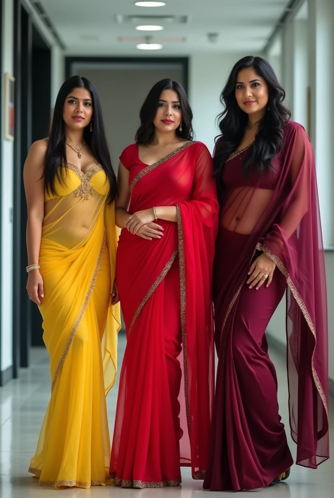 3 Indian white skin ladies, curvy body, low hip saree, in office, posing in transparent saree, left one in yellow transparent saree, low neck, centre one in red transparent saree, right one is in dark wine saree, showing navel, 8k images, bright lighings, 