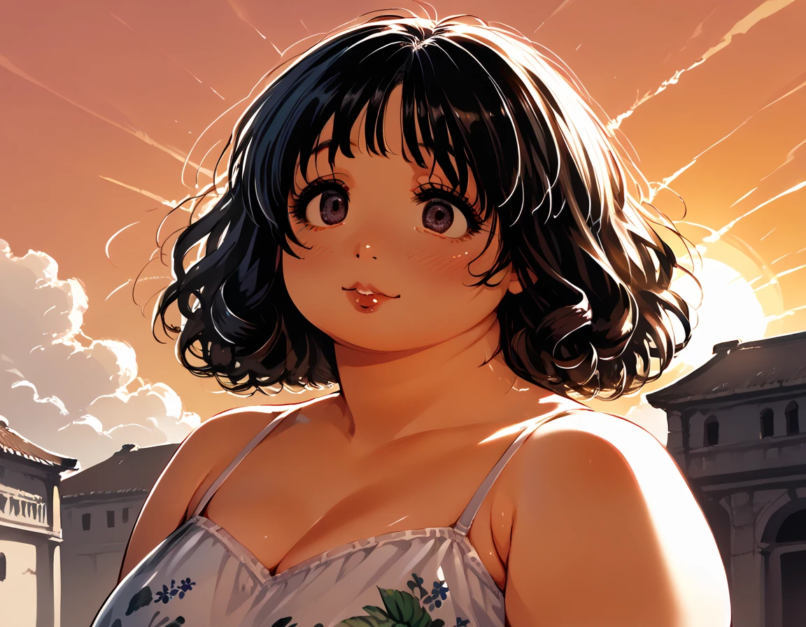 score_9, Score_8_up, Score_7,detailed, manga art, hirune style, fat girl, double chin, fat face, 1girl, ,lip ring, small eye bags, italian woman, curly thick hair, black hair, bright eyes, eyes, , vintage 1990s floral sundress, ((awestruck and sublime beauty and cute)), (extremely large lower lip), short dress, close up, (backround is a greek town, beautiful, sunset, sunlight, golden hour), ,nude dress