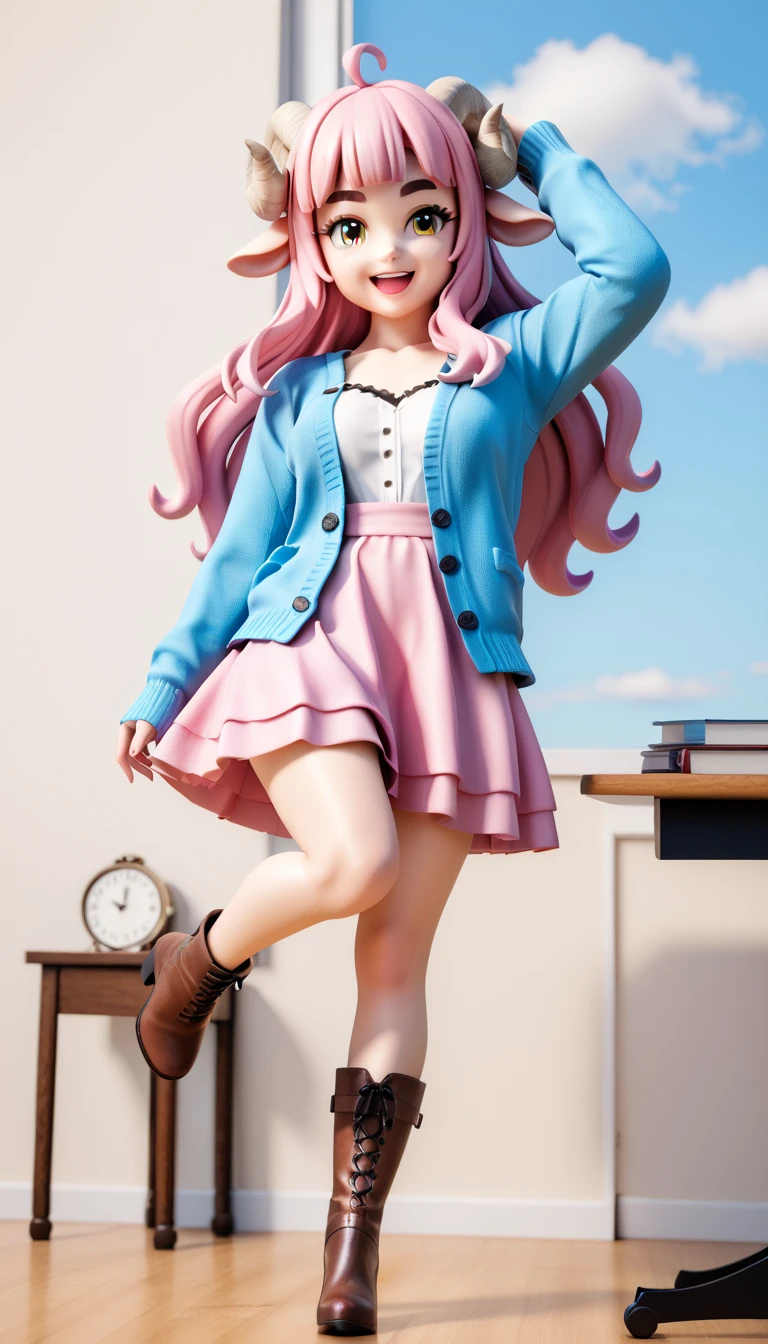 (masterpiece:1.2), UHD, textured skin, high details,  highres icon, best quality, 1woman, standing, 3D Figures:1.15,  pink fluffy long hair:1.5, round sheep horn , Thick eyebrows:1.1,  Pink Long Dress,  sky blue cardigan ,  brown boots ,  smiling with her mouth open , Extend your hand straight to the side,  circling straight to the side, The hem of the skirt is turned over ,  softly flinching dress , One leg slightly raised, Inner thigh,  the leg line is sticking out on the skirt , whole body, 3D Style,  3d rendering ,  OC rendering ,  figure with a pedestal on the desk, Standing on one foot on the pedestal of a , from below