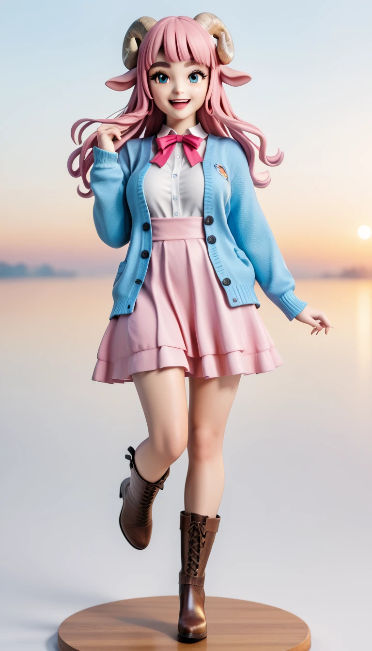 (masterpiece:1.2), UHD, textured skin, high details,  highres icon, best quality, 1woman, standing, 3D Figures:1.15,  pink fluffy long hair:1.5, round sheep horn , Thick eyebrows:1.1,  Pink Long Dress,  sky blue cardigan ,  brown boots ,  smiling with her mouth open , Extend your hand straight to the side,  circling straight to the side, The hem of the skirt is turned over ,  softly flinching dress , One leg slightly raised, Inner thigh,  the leg line is sticking out on the skirt , whole body, 3D Style,  3d rendering ,  OC rendering ,  figure with a pedestal on the desk, Standing on one foot on the pedestal of a , multiple views